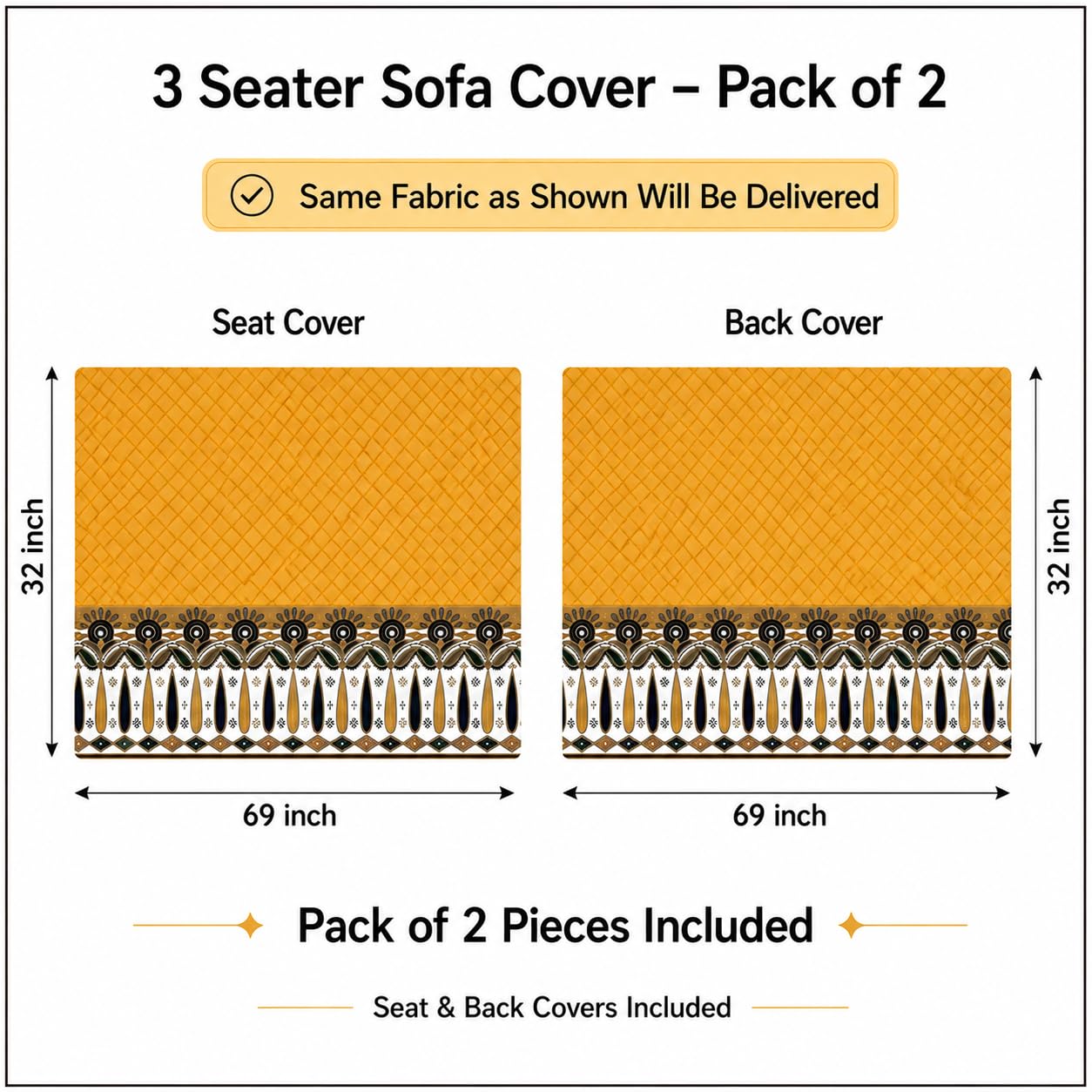 KINGLY Sofa Cover 3 Seater Fully Covered | Stretchable Anti-Slip Slipcover | Washable Furniture Protector | Mustard Yellow | Set of 2 | Seat & Back | 2