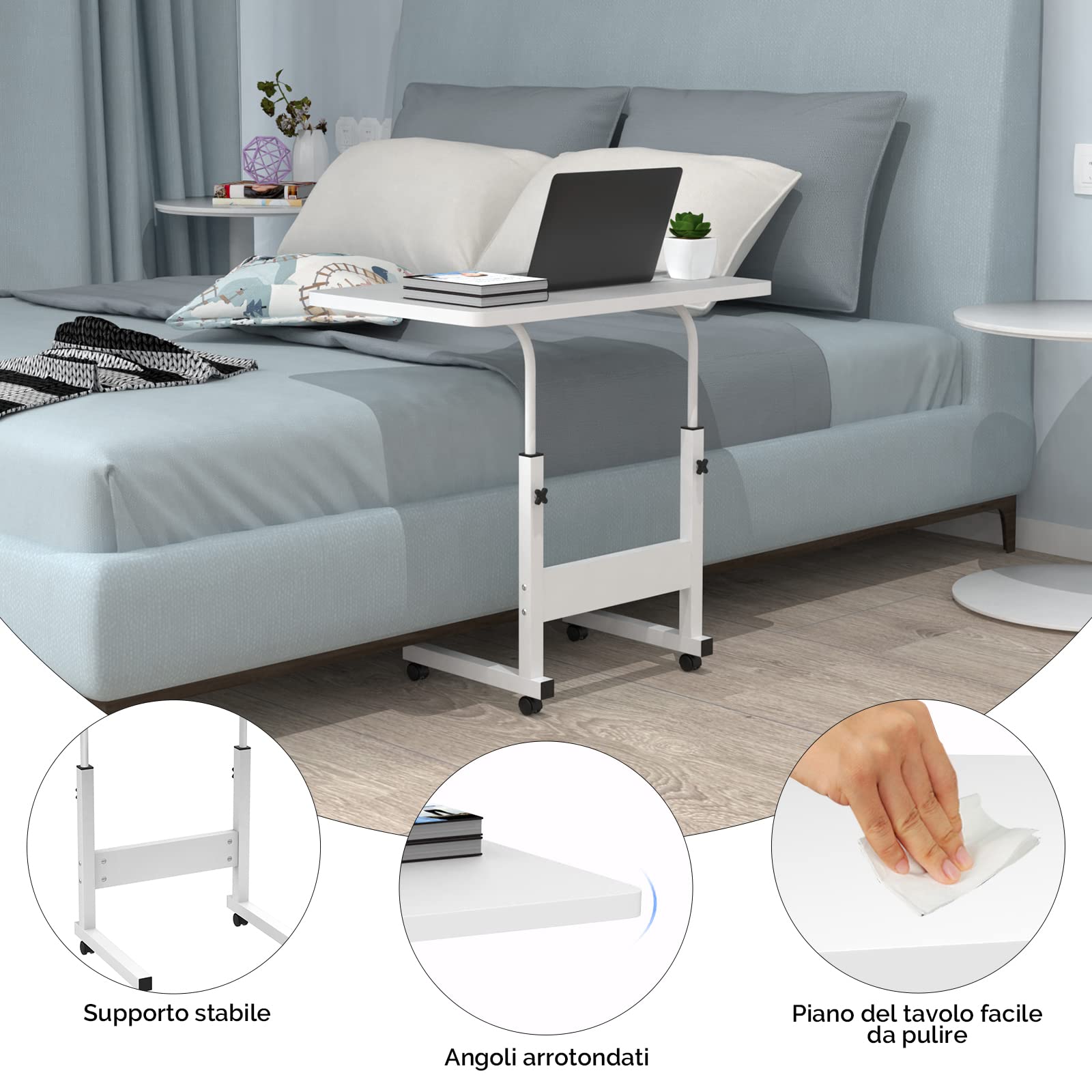 Scrivania con Ruote, 80x40cm Scrivania per Laptop, Tavolino da Laptop Mobile Regolabile in Altezza 69-89cm, per Tablet Cellulare, Tavolino Portatile Bianco, Adatto per Ufficio