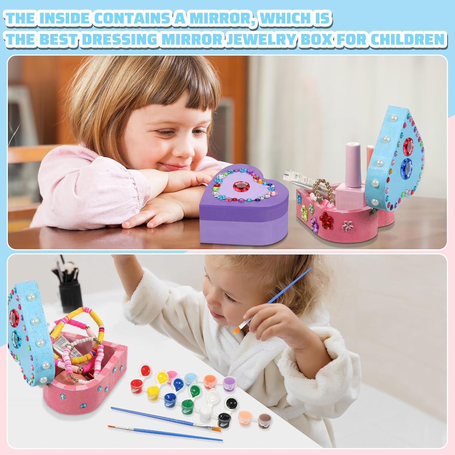 Kigley 6 Sets Paint Your Own Heart Box Kit DIY Wooden Jewelry Box Unfinished Heart Shaped Boxes Valentine's Day Painting Arts Gift Crafts for Kids Girls Toddler Ages 3-12 Year Old