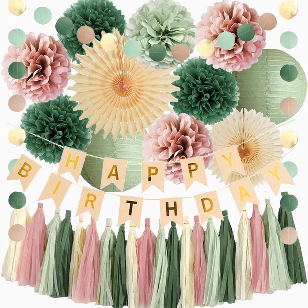 Sage Green and Pink Birthday Decorations Dusty Rose and Sage Green Happy Birthday Decor Retro Olive Sage Green and Dusty Pink Birthday Decorations for Women Girls with Tassel Garland Banner Beige Gold