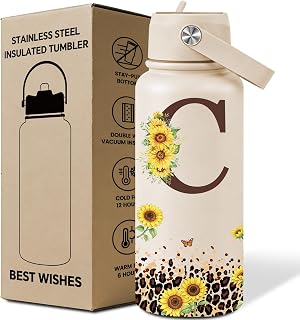 Grifarny Personalized Gifts for Women - Letter C Initial Water Bottle 32 oz | Sunflower Gifts for Women - Christmas, Birthday, Mothers Day, Valentines Day, White Elephant Gifts for Mom, Wife, Sister, Her