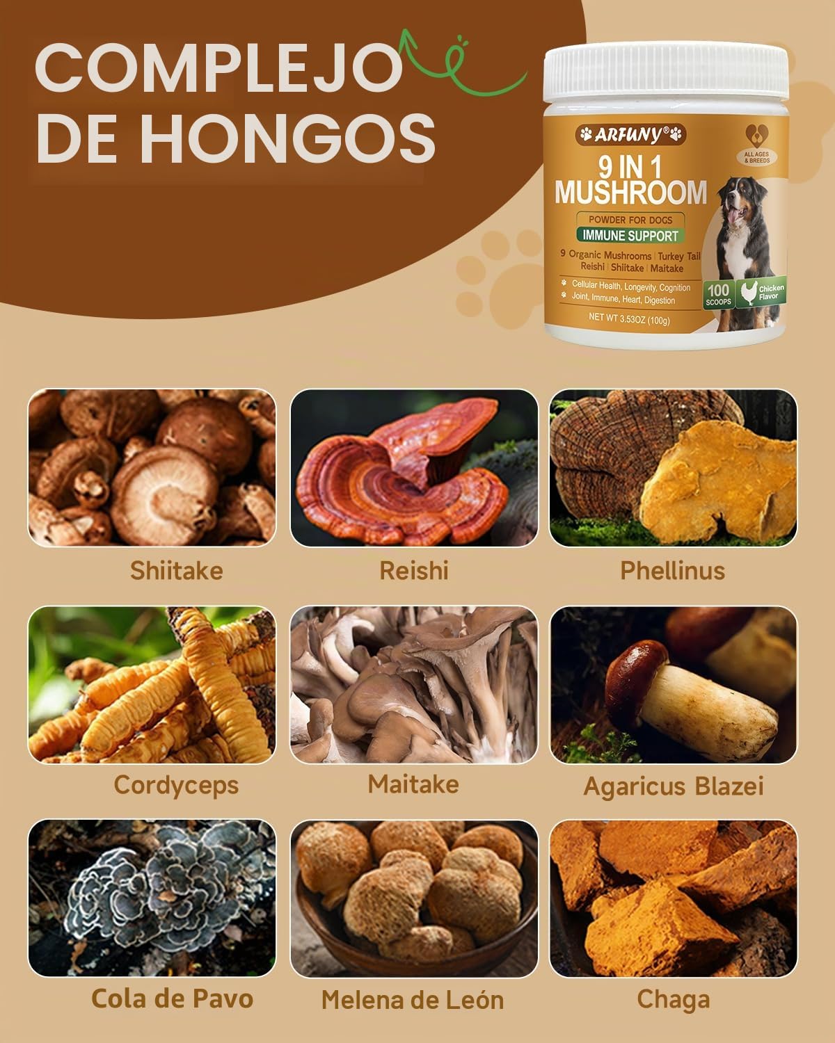 9 en 1 Hongos para Perros, Apoyo inmunitario, Polvo con Sabor a Pollo | Suplemento de hongos para perros, Sistema digestivo, piel, articulaciones, con 9 hongos