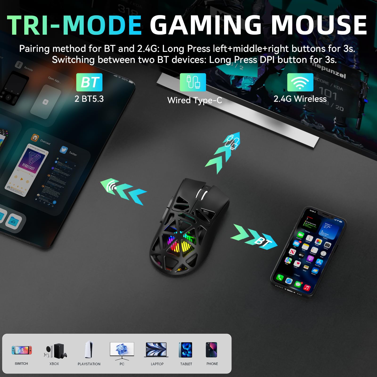 AULA SC620 Kabellose Gaming Maus,BT5.0/2.4G/USB-C,mit PixArt PAW3311-Sensor,12000DPI,8KHz,Feuertaste,7 Programmierbare Tasten,67g Leichtgewicht,400-mAh-Akku,RGB Gamer Maus für PC/Mac (Schwarz) - 3