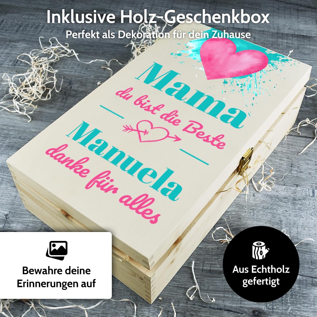 polar-effekt Weingläser 560 ml 2er-Set & Holzkiste mit UV-Druck zum Muttertag - Muttertagsgeschenk für Frauen - für Weißwein & Rotwein - Motiv Mama du bist die Beste
