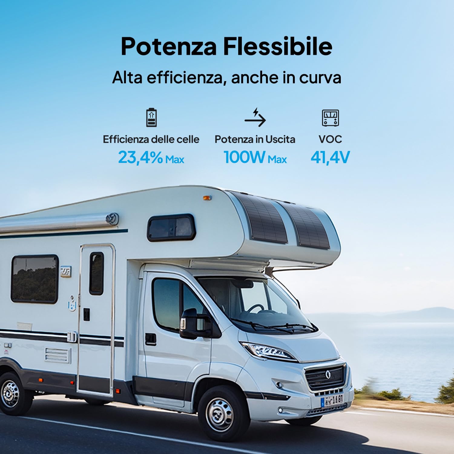 BLUETTI 2 100W pannelli solari flessibili da per sistema RVSolar 48V, efficienza 23,4%, piegabili a 240°, pannello solare IP67 per camper, campeggio, uso marino e superfici curve