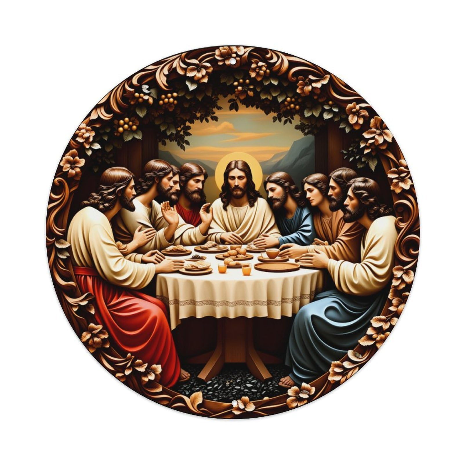 Wmlzdnwr Vintage Last Supper Religious Scene With Jesus And Disciples- Round Tin Sign,Retro Wall Art,Metal Poster For Home, Bar, Garage, Cafe, Rustic Indoor & Outdoor Decor, 8X8 Inches