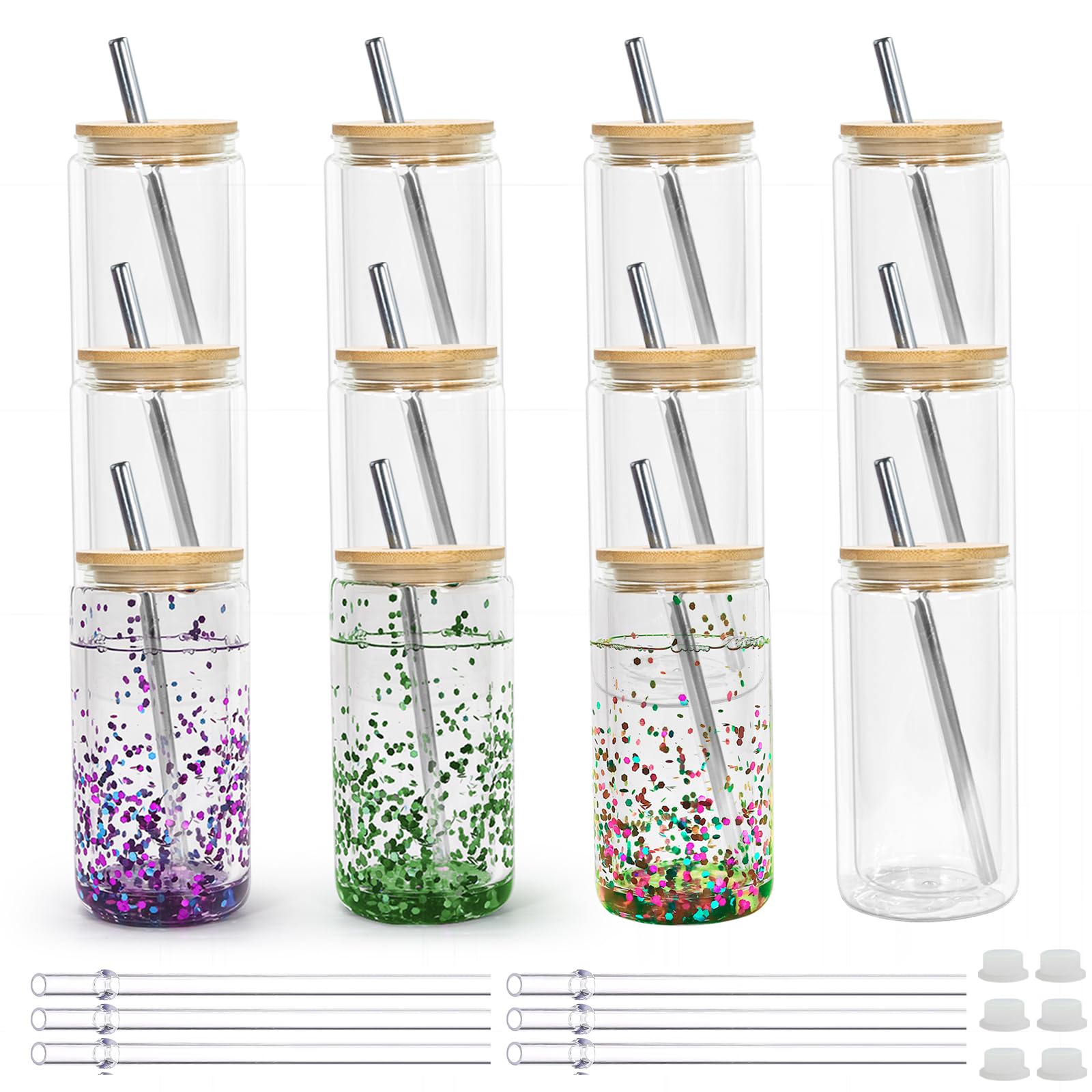 Icesip 16 oz Acrylic Snow Globe Tumbler Snow Globe Cups Double Wall Snowglobe Tumbler with Pre Drilled Hole Clear Plastic Cups with Bamboo Lids and