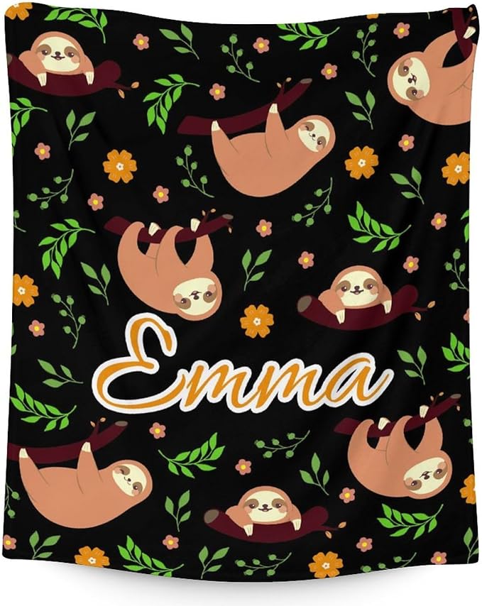 Mercuryelf Custom Sloth Throw Blanket - Soft, Fuzzy & Warm - 40x50 Inches Flannel Blankets for Travel, Office - Black Cute Throws Gift for Girls, Boys