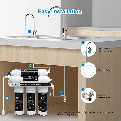 Miniatura 8 de Eiree UF33 - Sistema de filtro de agua para debajo del fregadero, 6 etapas, filtro de agua de ultra filtración, reduce el cloro, el sabor y el olor,