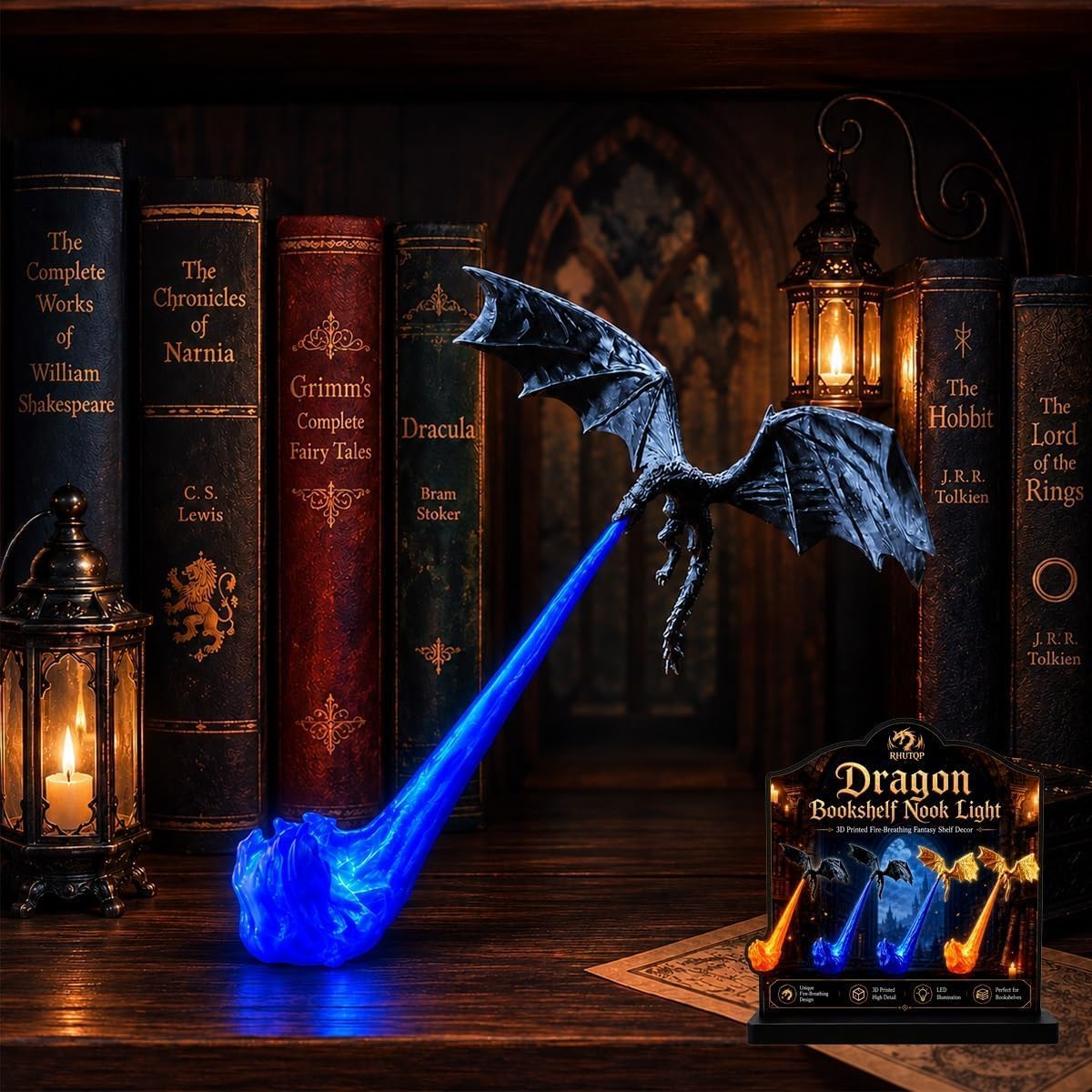 Lightyard Dragon Flame Book Nook Light, 3D Printed Fantasy Bookshelf Decor, Flying Dragon Design, Red or Blue Flame, Fantasy Flying Design Printed Sculpture Book Lover Gift Halloween Shelf Display，blS