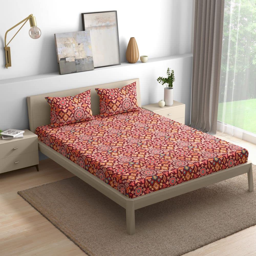 Wakefit Cotton Flat Bedsheet | 144 TC Bedsheet For King Size Bed With 2 Pillow Covers | Hibiscus - 104X104 Inches, Multicolor
