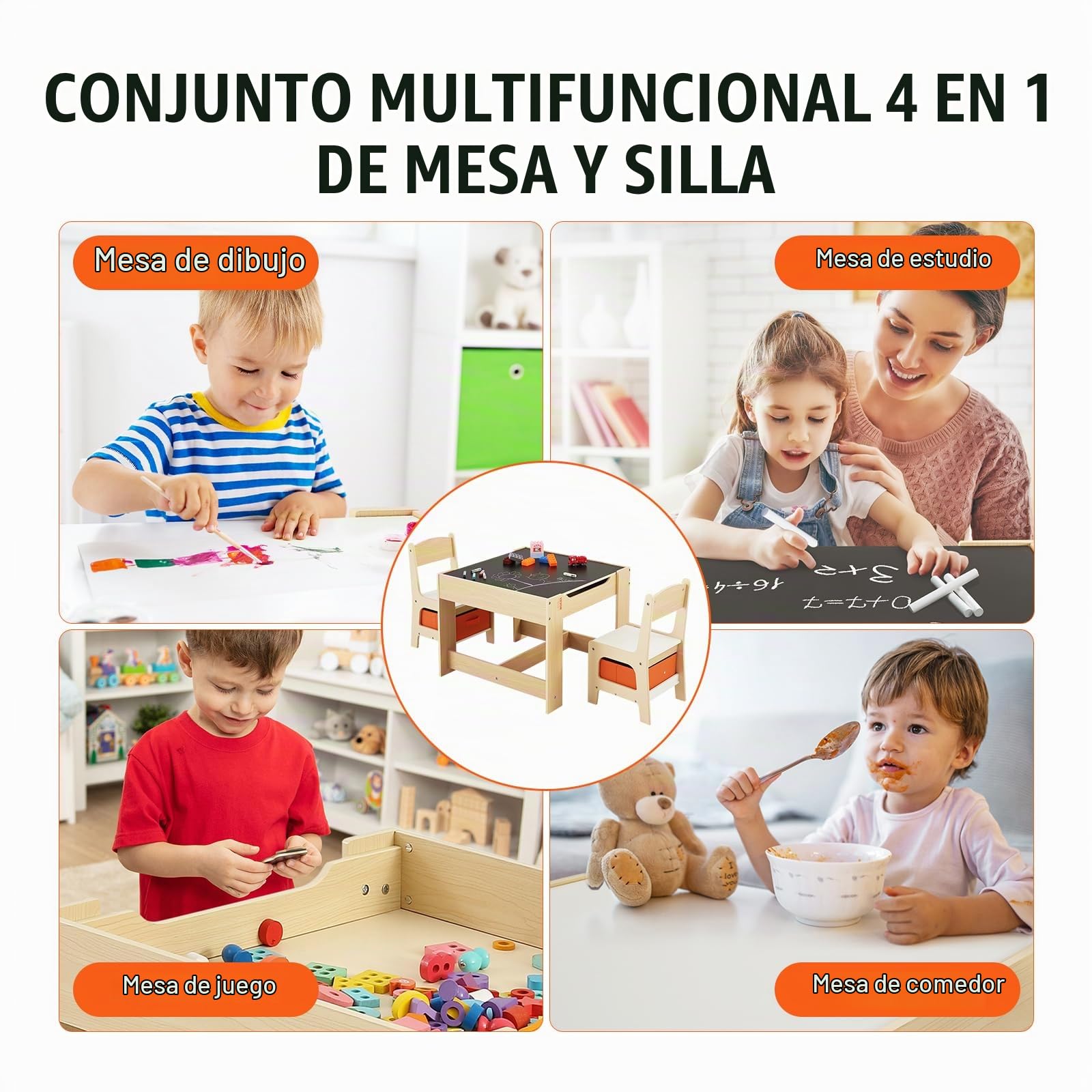 VEVOR 1 Mesa Infantil + 2 Sillas de 610x610x483 mm y 290x300x530 mm Conjunto de Muebles Infantiles con Caja de Almacenamiento Bandeja de Doble Cara para Estudiar Comer Jugar Leer Habitación Infantil
