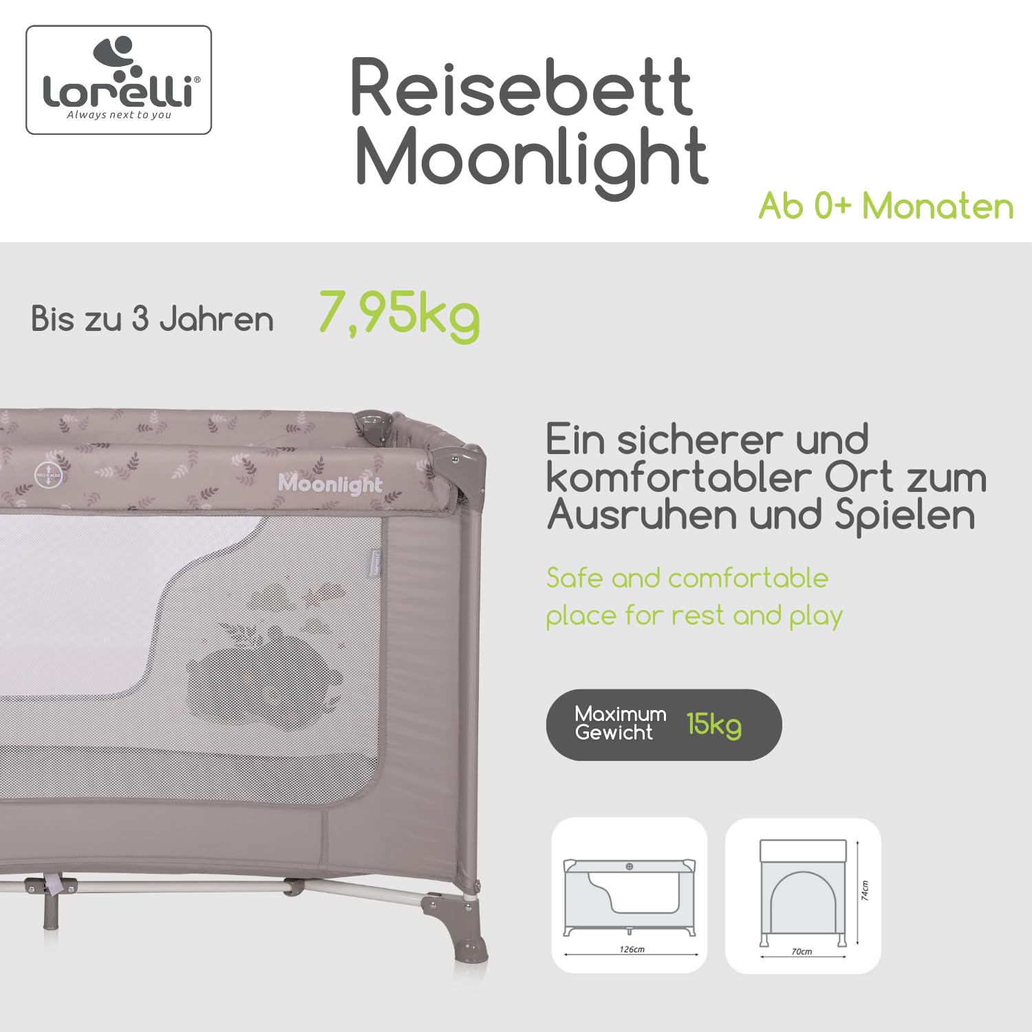 Lorelli Babybett und Laufstall Moonlight 2 in 1 mit Seiteneingang, Kinderbett ab Geburt bis 15 kg, Baby Reisebett, faltbar inkl. Transporttasche, braun