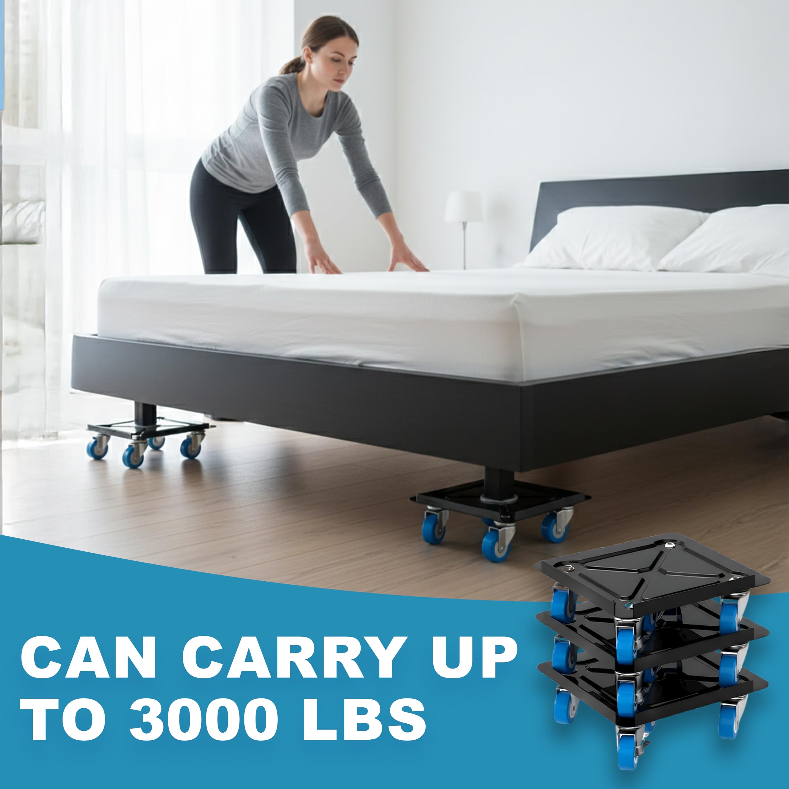 Plataforma rodante resistente para muebles con rotación de 360°, 5 ruedas, aleación de acero, capacidad de carga de 3000 libras con cinta métrica y nivelador para facilitar el movimiento de