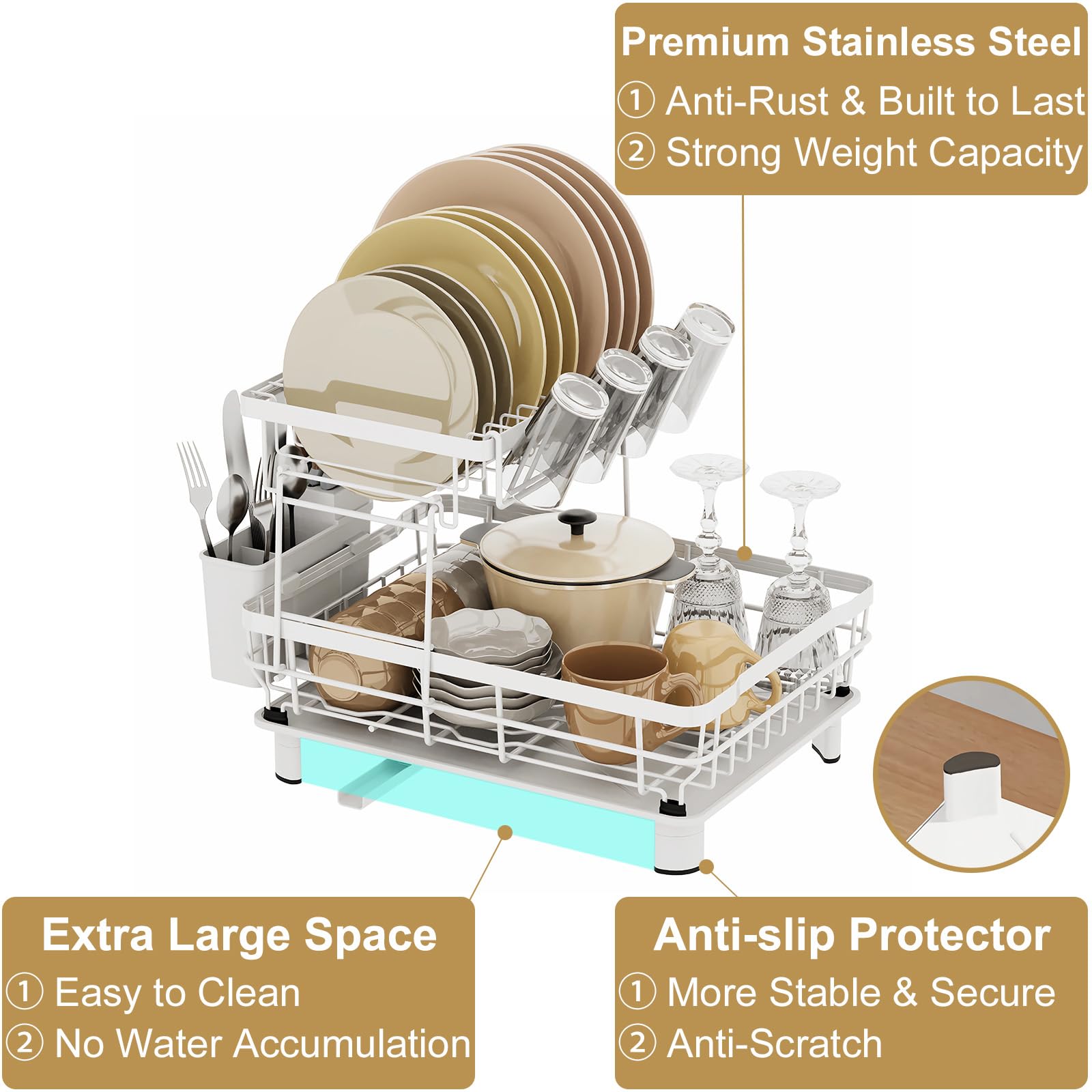 Escurreplatos Acero Inoxidable, Escurridor de Platos para Fregadero, Escurridor Fregadero con Bandeja Recogegotas, Portautensilios y Portavasos, Escurridor Platos para Encimera, Escurreplatos Blanco