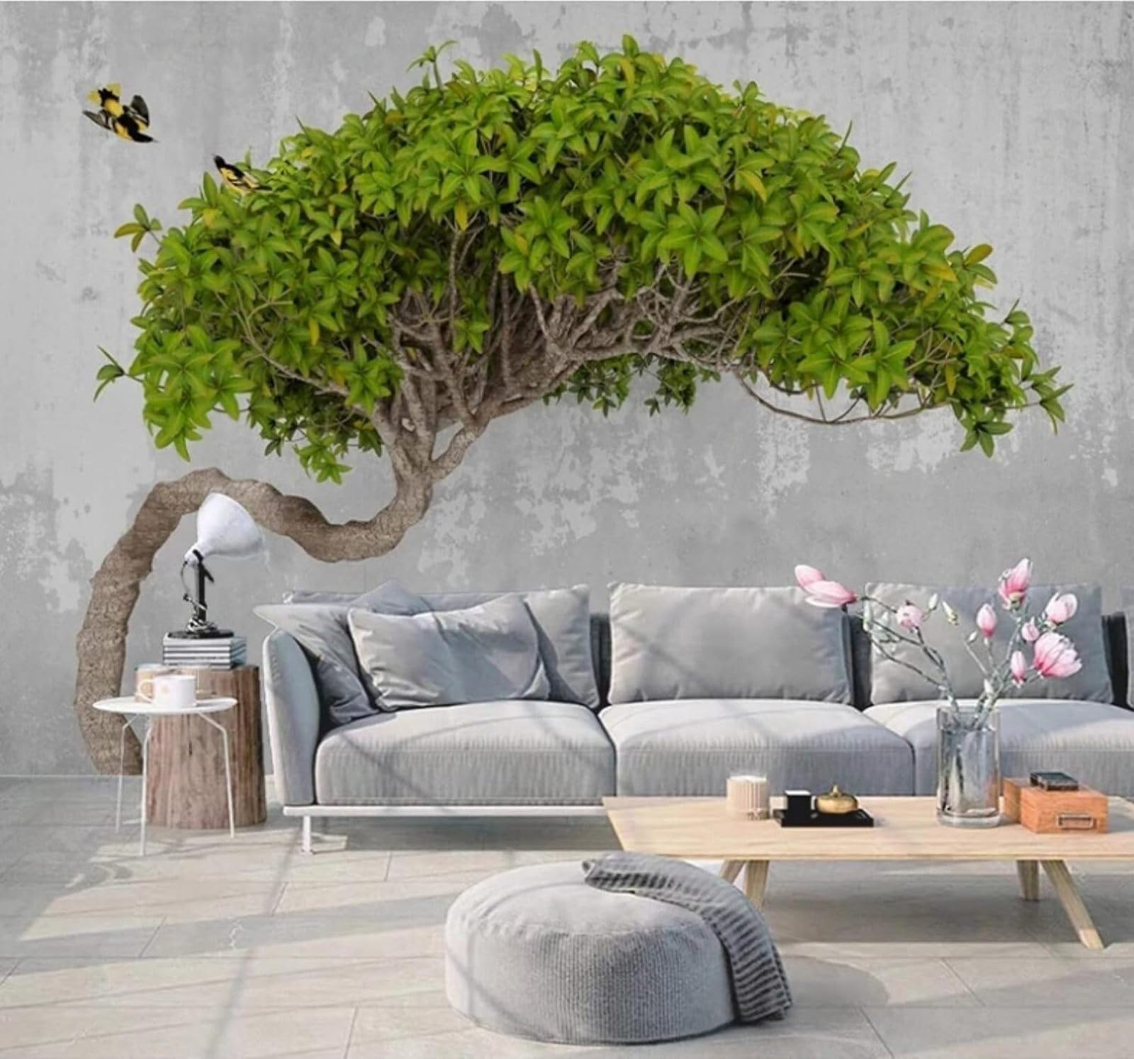 XLMING Three Dimensional Fresh Green Trees Birds 3D Wallpaper Luxury Silk Study Dining Feature Sofa Grey Bedroom Living Room Tv Decorative Wall-150cm×105cm
