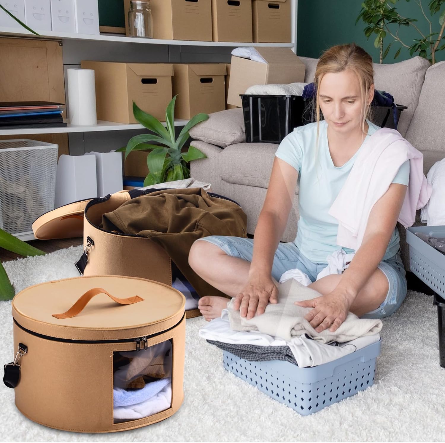 Suzile 4 Pack Large Round Foldable Hat Box for Women Storage Holds up to 6-10 Hats Cowboy Hat Box with Lid Handles Closet Cowboy Case Organizer Clothes Case for Travel Gift(Camel,Felt)