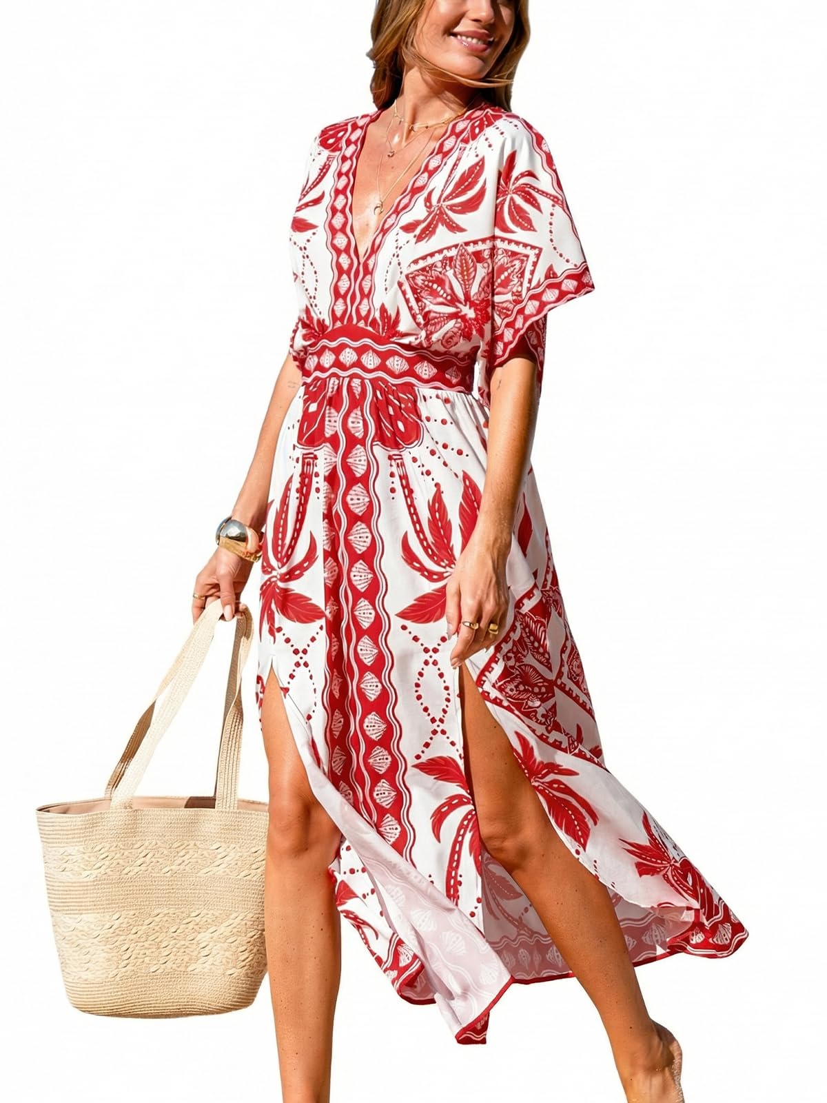 CUPSHE Maxi abito estivo da donna, stile boho, con scollo a V, mezza manica a dolman, vita imperiale, spacco laterale, prendisole per vacanze e spiaggia