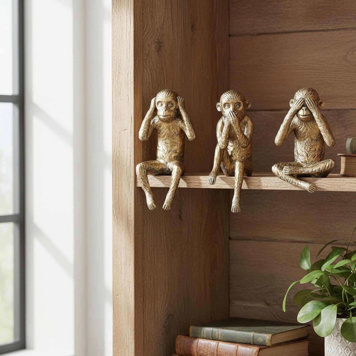 3 Wise Monkeys Statue Set, See Hear Speak No Evil Figurines, Antique Gold Resin Shelf Sitters, Edge Sitting Animal Decor for Bookcase Desk Office Mantel, Tabletop Statues, Rustic Boho Home Decor Gift