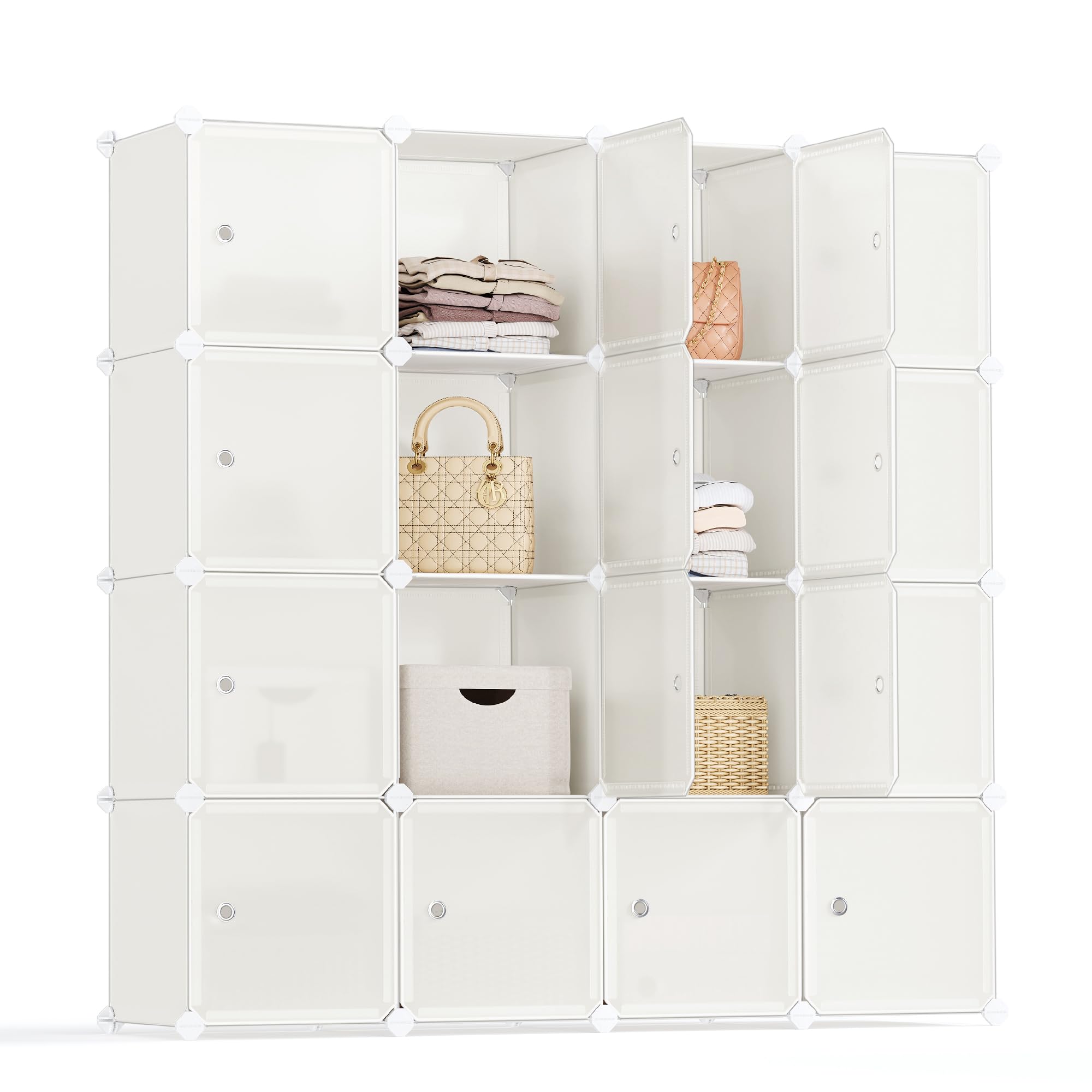 SONGMICS 16-Cube Storage Unit, Shoe Rack, Stackable Cubes, Plastic Closet Cabinet, Wardrobe, with Doors, for Bedroom, Office, Easy to Assemble, Cream White LPC443W01