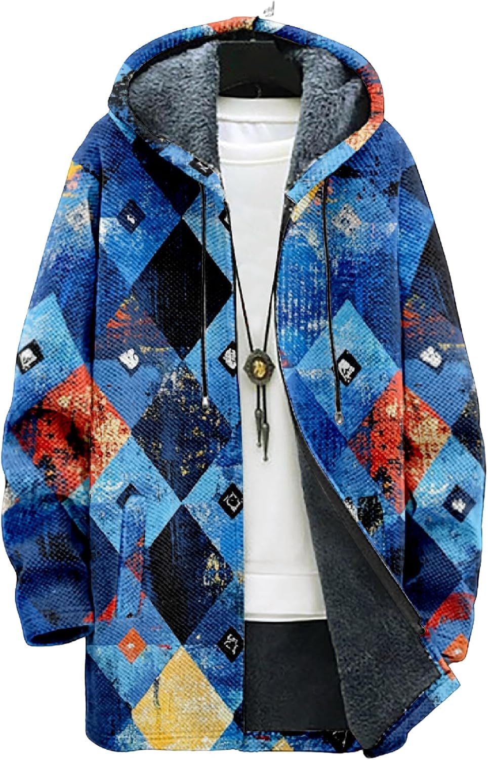 Mens Long Cardigan Hoodies Geometric Hooded Jacket Open front Knitted Sweater Hoodie with Pockets Winter Coats