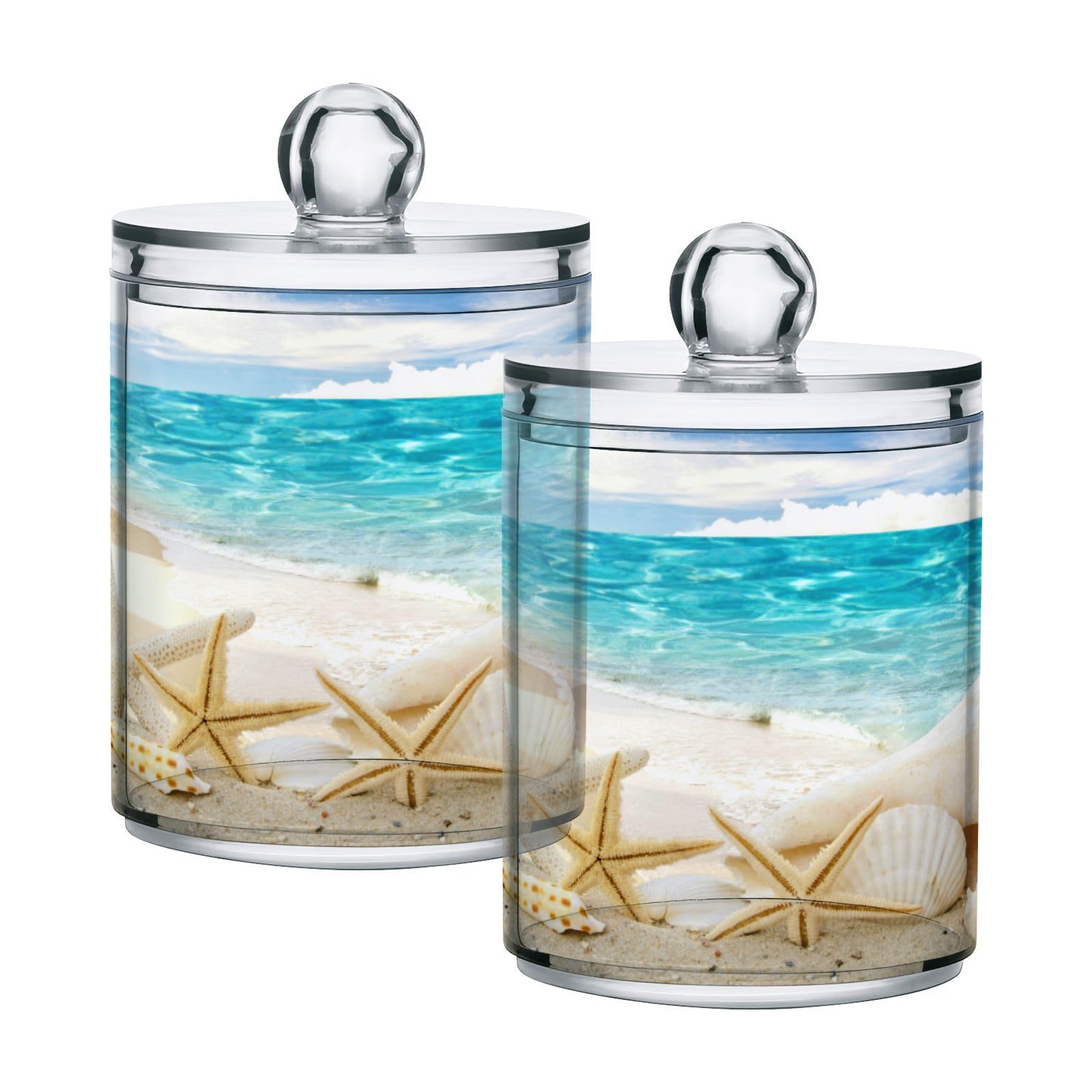 JUMBEAR 2 Pack Sea Beach Starfish Qtip Holder Dispenser with Lid, 14 oz Clear Plastic Apothecary Jar Set for Bathroom Vanity Organizers Storage