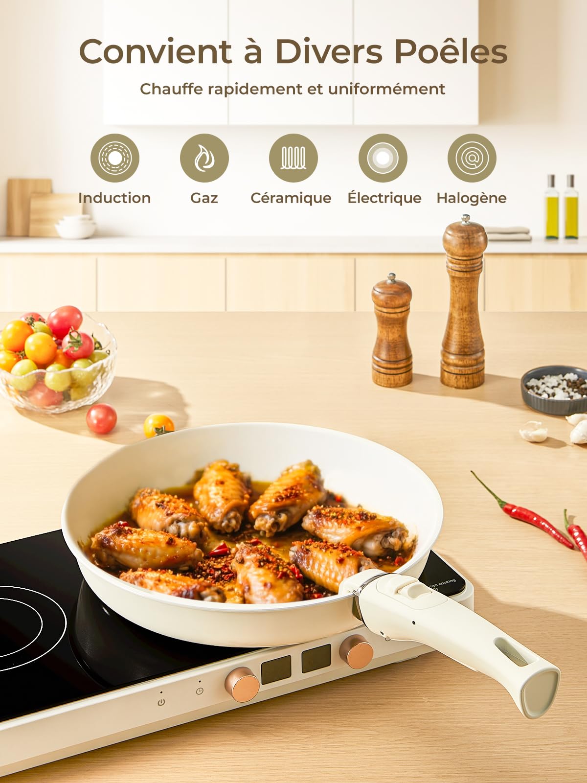 FOHERE Set Poêles et Casseroles Induction Céramique Antiadhésif 8 Pièces | Avec 2 Poignées Amovibles et 2 Couvercles, Poêles 20/28 cm, Casserole 16/20 cm, Tous Feux Y Compris Induction, Aluminium