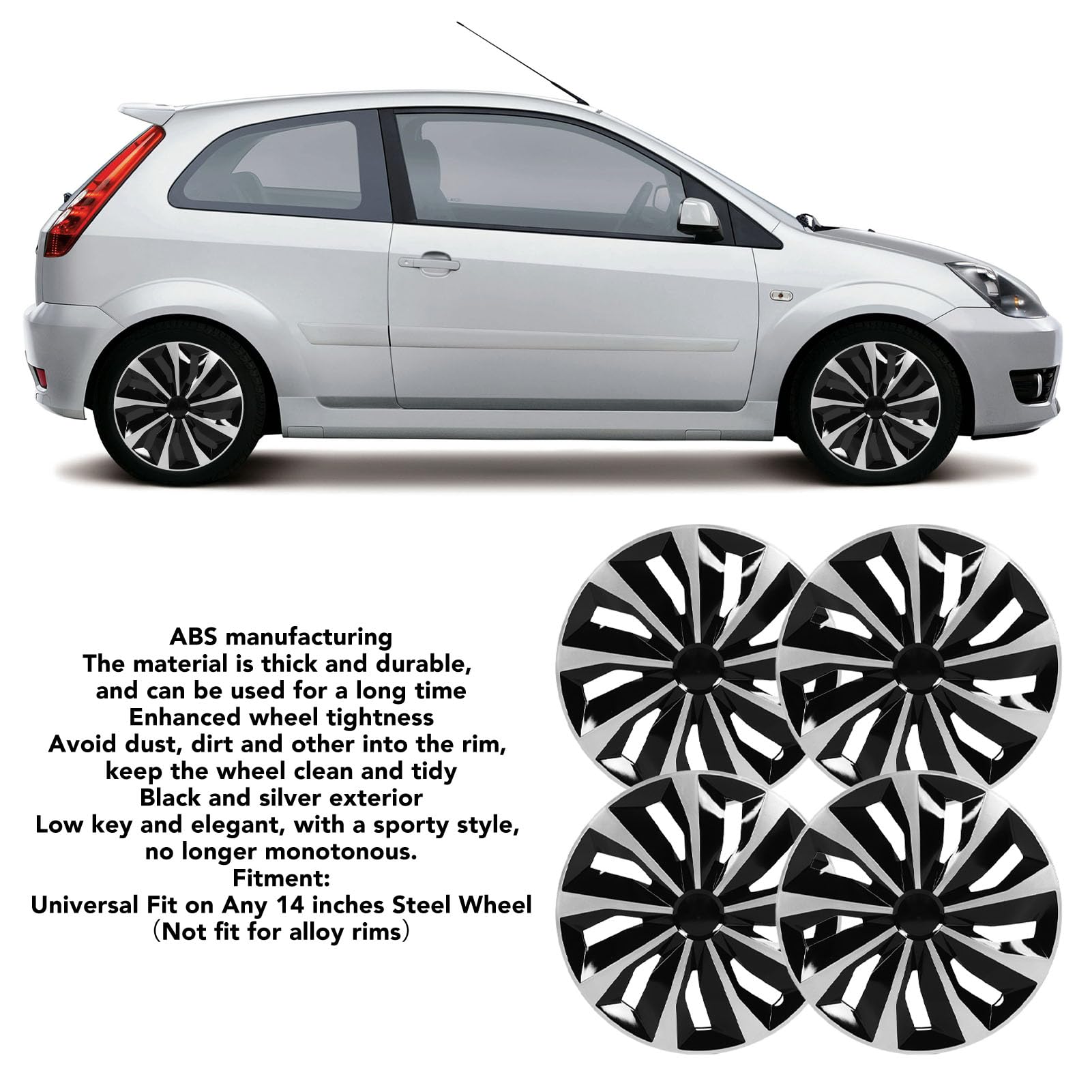 Couvercle de Jante Complet du Moyeu de Roue, Cobordes de Roue Hubcap Universal 14 Pouces Ensemble de 4 Ajustements pour la Plupart des Voitures en Noir et Argent