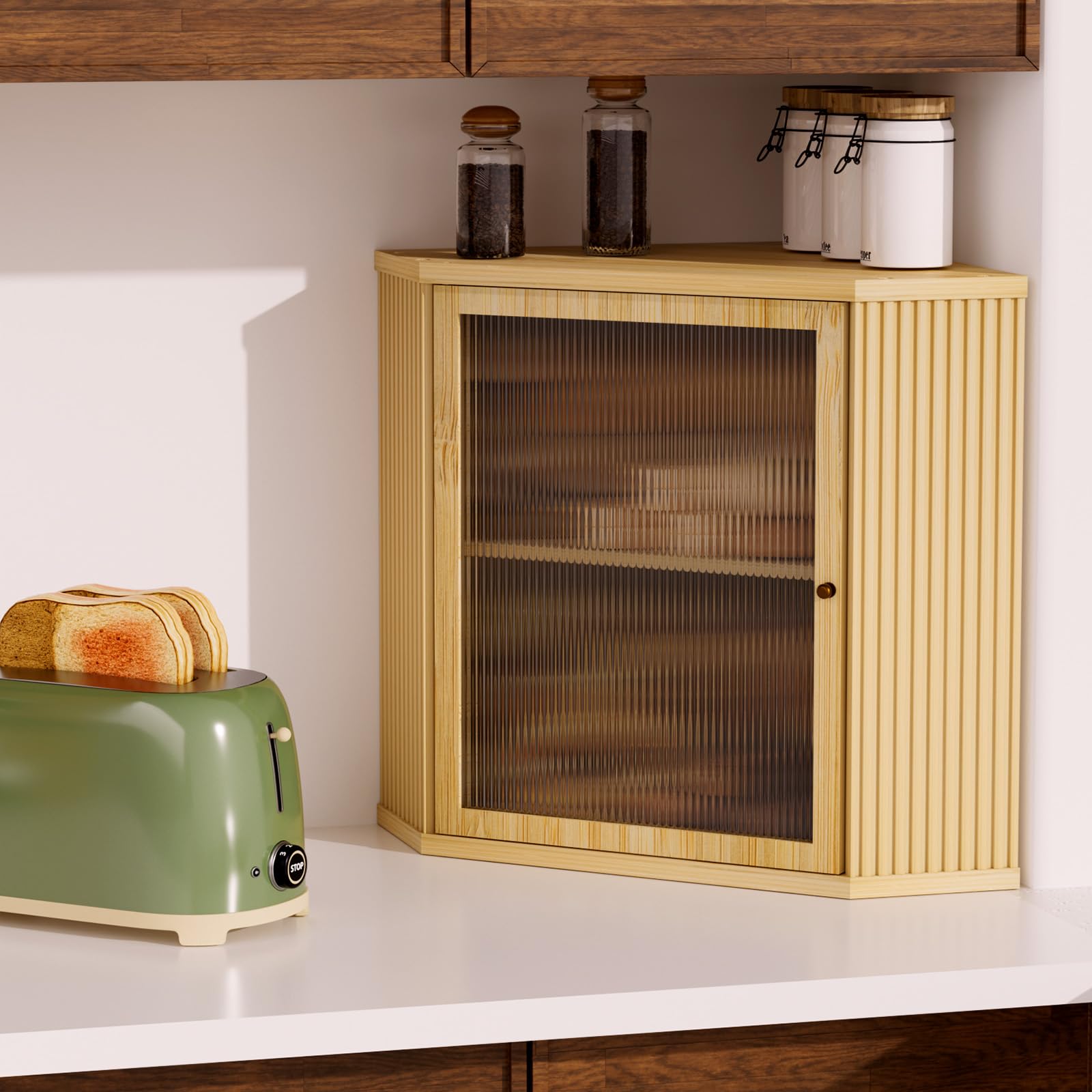 Corner Bread Box, 2-Tier Bamboo Bread Storage for Kitchen Countertop, Large Capacity Bread Storage Container with Rippled Acrylic Doors for Kitchen Food Storage