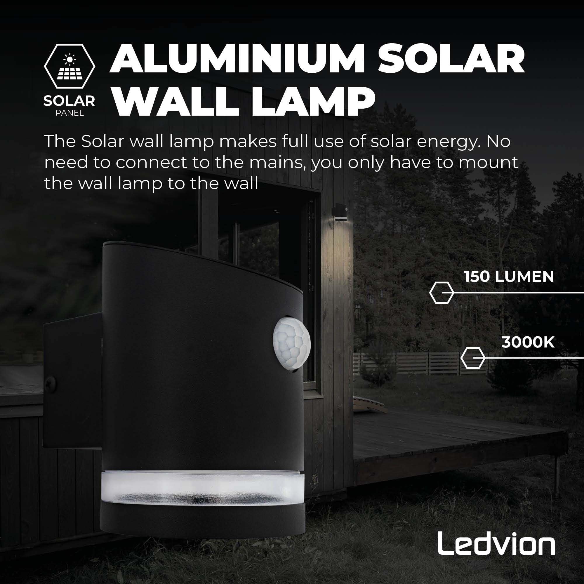 Ledvion - Lampada da Parete LED Solare con Sensore, 3000K, IP44, Nera, Elara, Lampada da Esterno, Luce Atmosferica, Illuminazione da Giardino