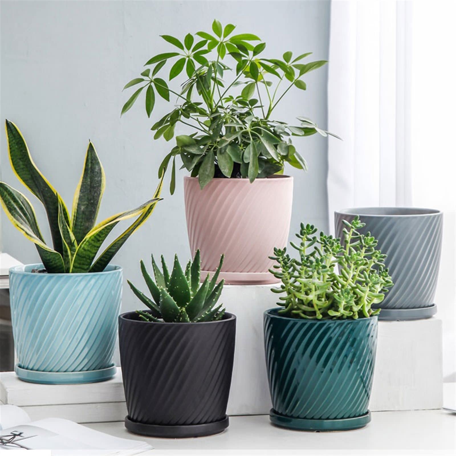 Vasi Per Piante Da Interno Vaso da fiori traspirante in ceramica di alto valore con vassoio Fioriera for cactus succulente for piante verdi di moda semplice Fioriere Per Piante Da Esterno(Pink,M)
