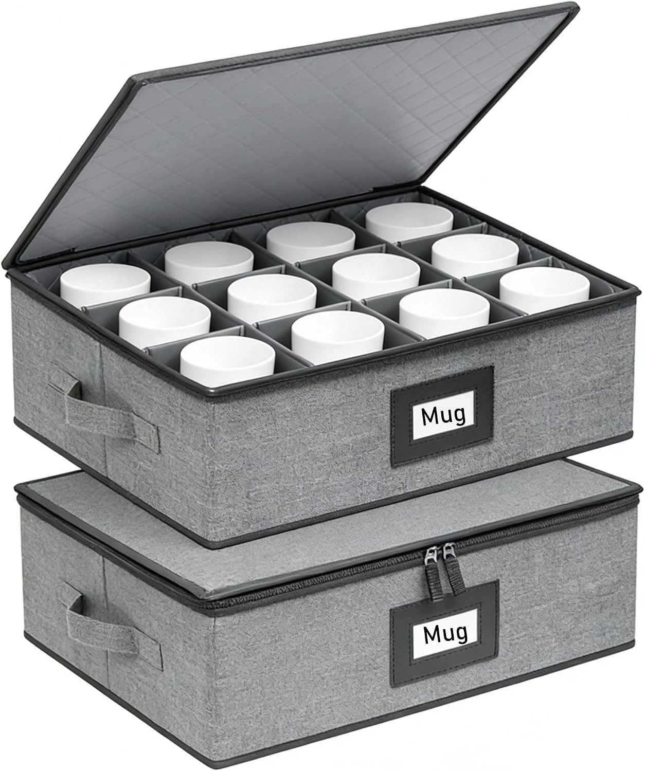 Cup Mug Storage Box, 2 Pack Coffee Mug Storage Moving Boxes with Lid Dividers, Hard Shell Tea Cups Organizer for Cabinet, Holds 24, Stackable China Packing Storage Containers, Grey (Mug&Cup Storage)