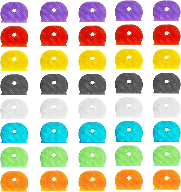 40 Pcs Key Covers Caps, Key Caps Covers Tags Set Flexible Key Covers Coloured Key Identifiers Caps Key Colour Caps Key Cap Label for Easy Identifying House Door Keys, 8 Assorted Colors