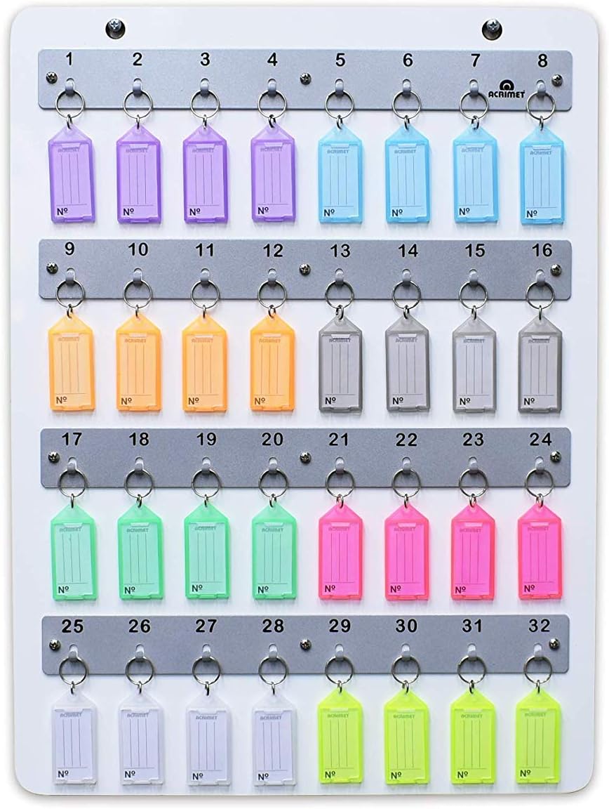 Acrimet Wall-Mounted Key Holder Rack – White Wood Board Key Stand Organizer with 32 Numbered Hooks – Includes 32 Plastic Key Tags with Metal Rings & Labels