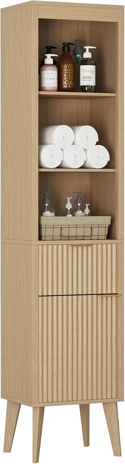 70" H Tall Storage Cabinet, Fluted Freestanding Floor Organizer for Bathroom, Kitchen Pantry, Utility Room, w/Drawer & Adjustable Shelves, Modern Accent in Natural Wood