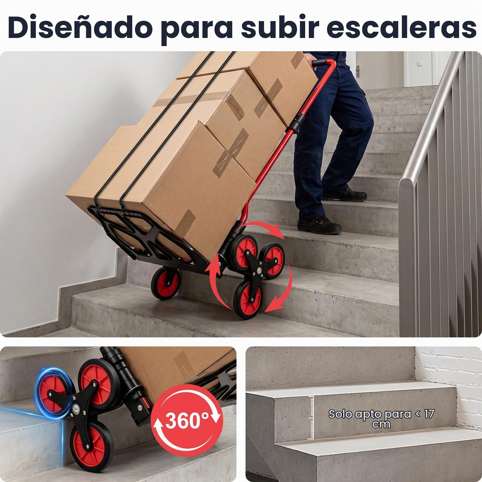YEAUPE PRO Carretilla de Mano Plegable Escaleras 50 kg Rojo | Ruedas TPR grandes, mango telescópico regulable y 2 cuerdas incluidas para subir escaleras, mudanzas y transporte