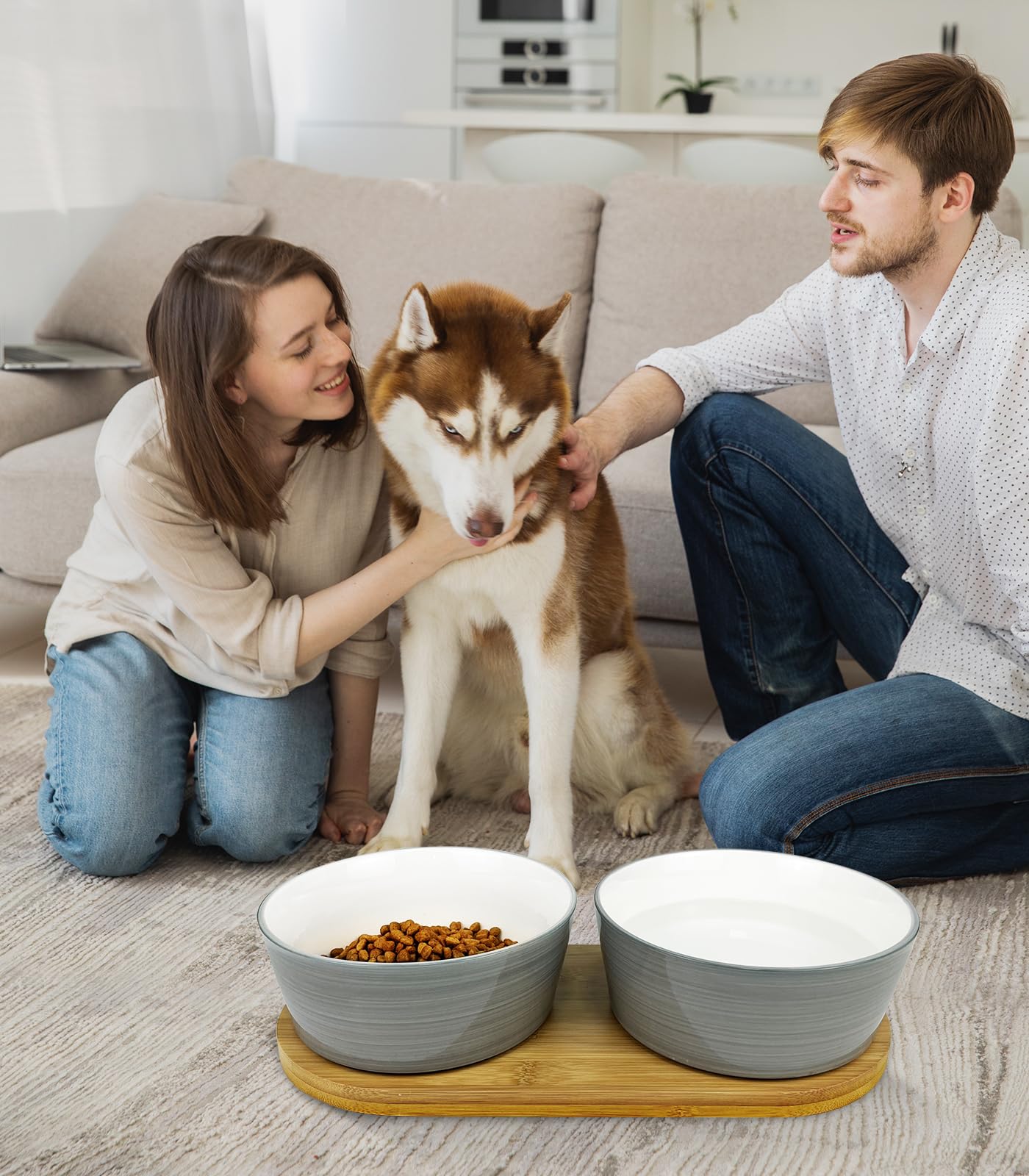 LIHONG Ceramic Dog Bowls, Dog Food and Water Bowl Set with Non Slip Wooden Tray, Pet Food Double Bowl for Small and Medium Dogs, Dark Grey Pet Food Dish, 48 oz
