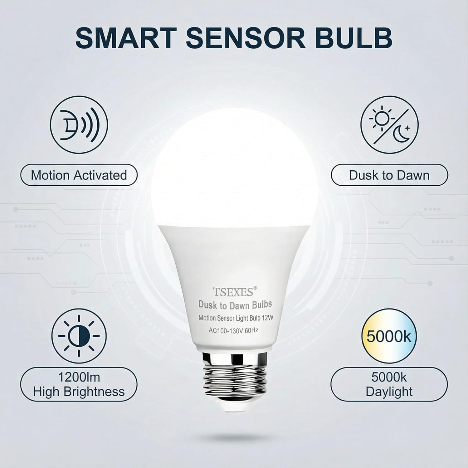 TSEXES 12W Motion Sensor Light Bulbs (100W Equivalent), 5000K Daylight, Motion Activated Light Bulb with Dusk to Dawn Sensor for Outdoor & Indoor,Porch, Stairs, Hallway, 4-Pack