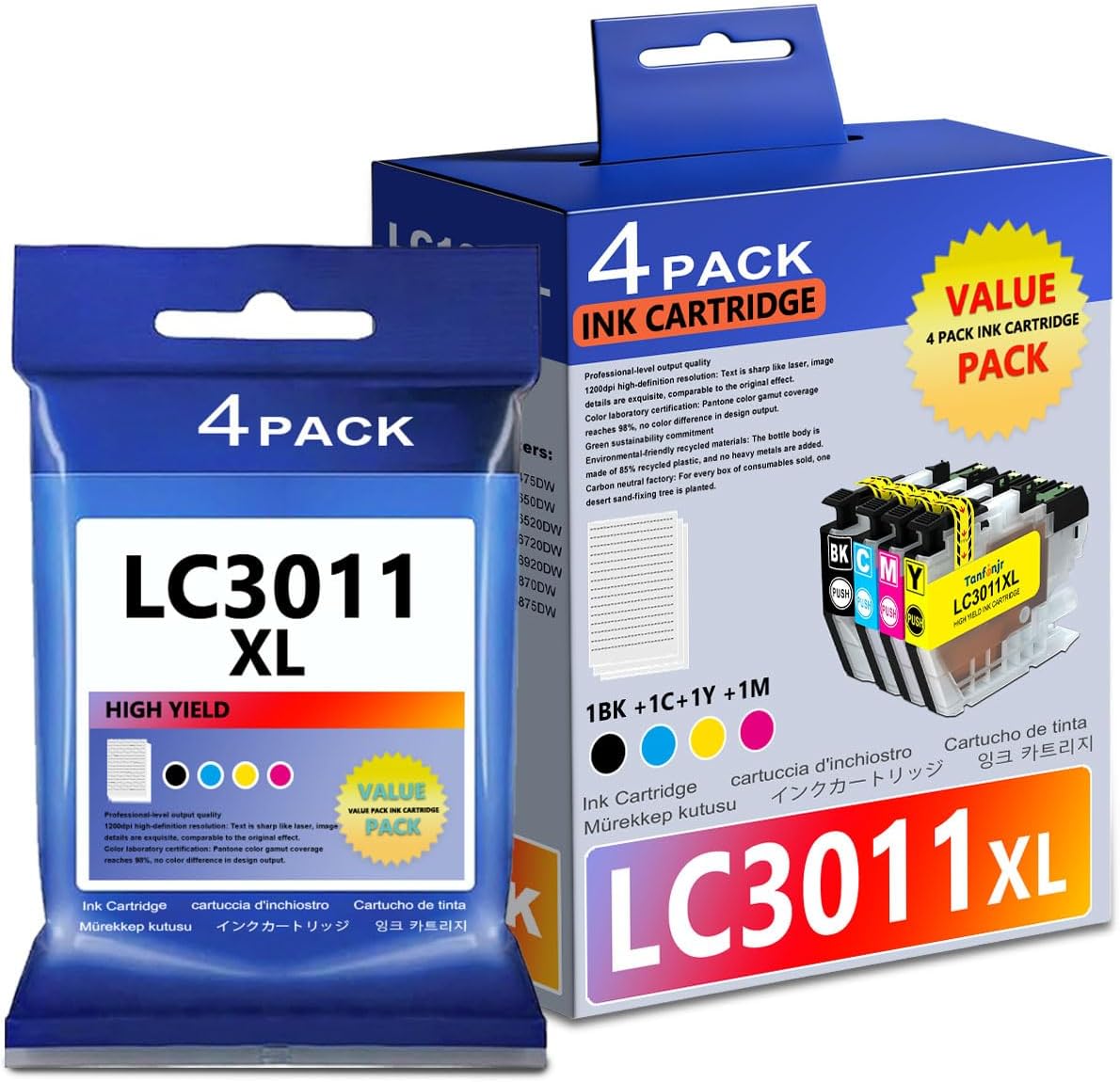 LC3011XL High Yield Ink Cartridges 4-Pack (BK/C/M/Y) Replacement for Brother LC3011 LC3011XL Ink, Work with MFC-J491DW MFC-J497DW MFC-J690DW MFC-J895DW Printer