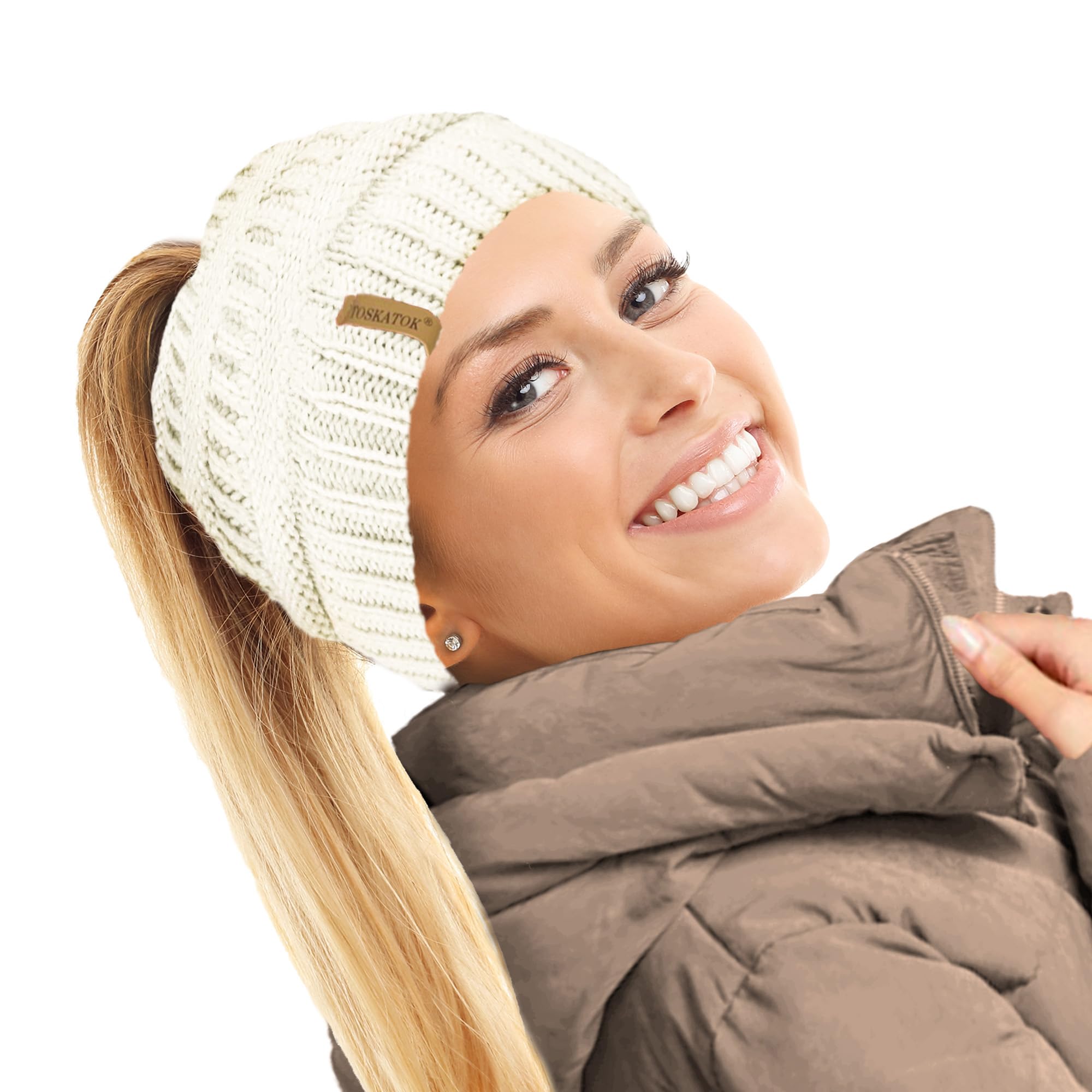 TOSKATOK Ladies Thermal Teddy Fleece Lined Ponytail Beanie Hat-Cream