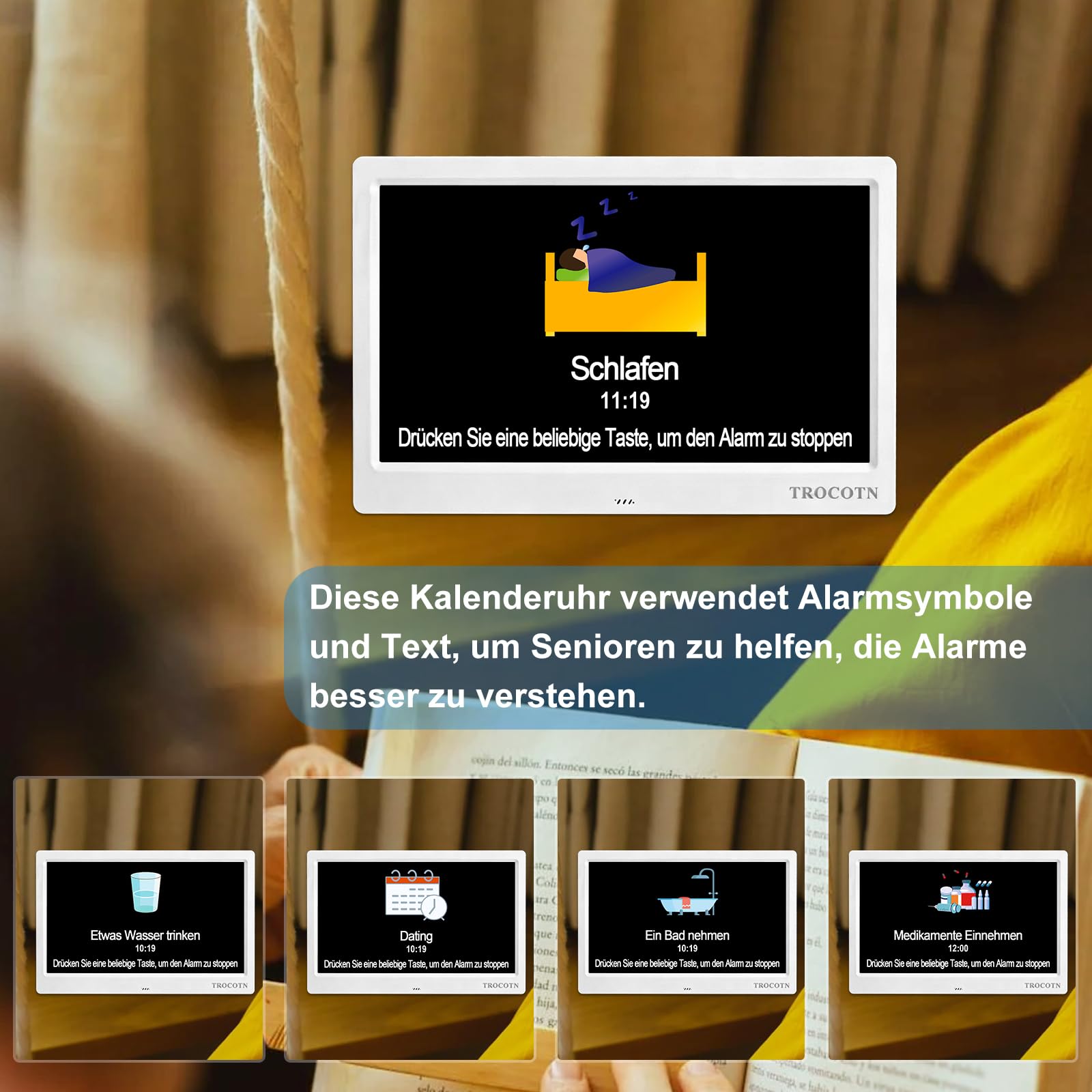 TROCOTN Demenz Uhr senioren, digitaler Kalender, seniorenuhr, großes Display Wecker Wanduhr (Weiß, 10 Zoll)