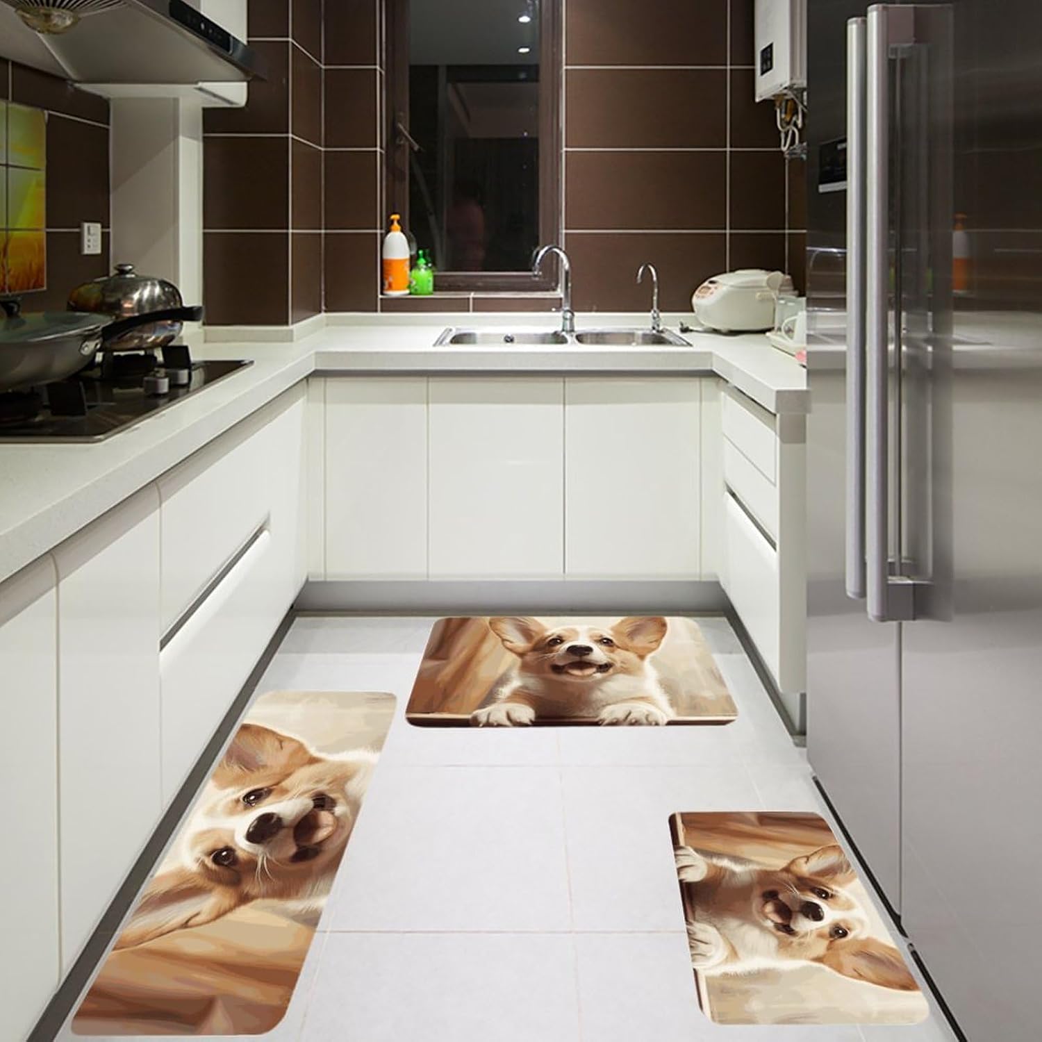 Cute Corgi Kitchen Mats for Floor 3 Pcs Kitchen Rugs