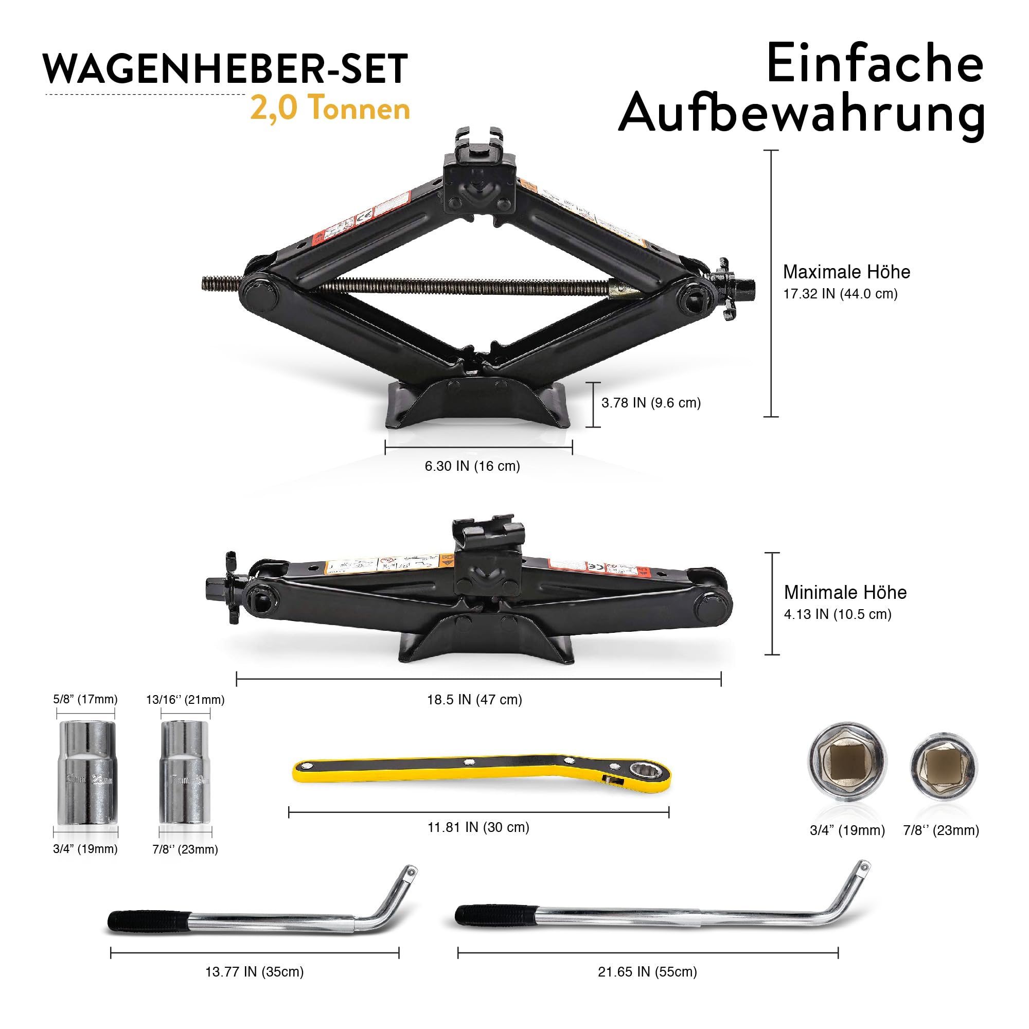 Wagenheber-Set | Scherenwagenheber für Autos 2 Tonnen (4.400 lbs) Tragbar, ideal für SUV und Autos – Universelles Auto-Notfallset mit Schraubenschlüssel
