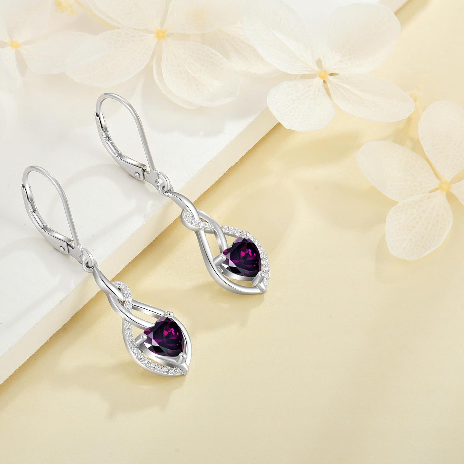 Heart Earrings for Women 925 Sterling Silver Infinity Heart Birthstone Leverback Earrings Hypoallergenic Jewelry Birthday Christmas Gifts for Women Mother Wife Her