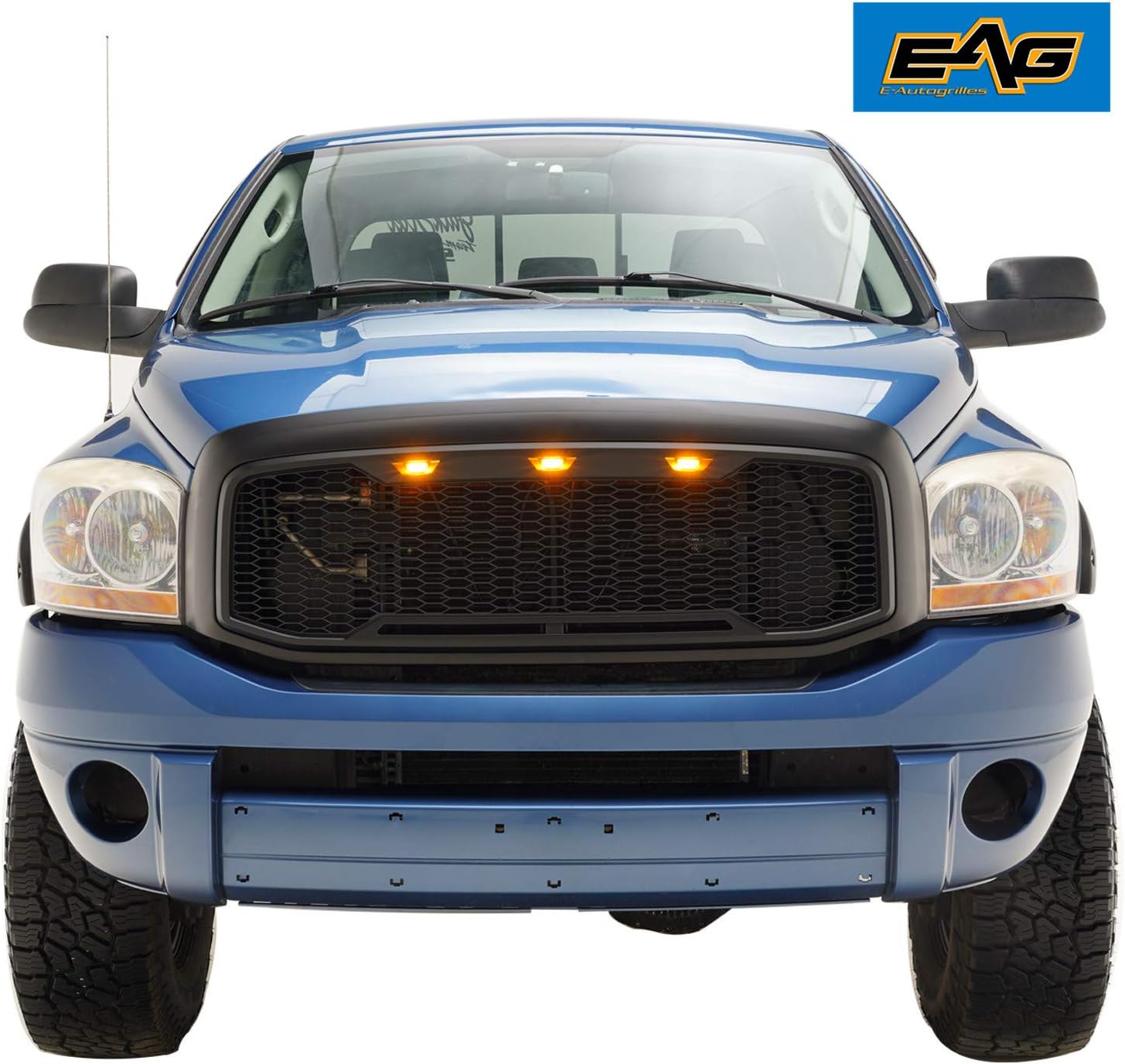 EAG Replacement Upper ABS Grille LED Grill With Amber LED Lights - Matte Black Fit for 06-08 Dodge Ram 1500/06-09 Dodge Ram 2500/3500