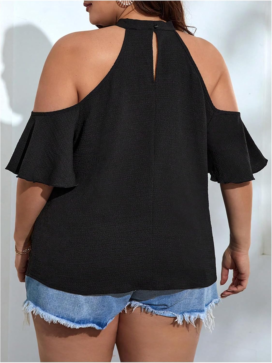 OYOANGLE Women's Plus Size Cold Shoulder Halter Blouse Cut Out Ruffle Half Sleeve Shirt Tops - Image 2