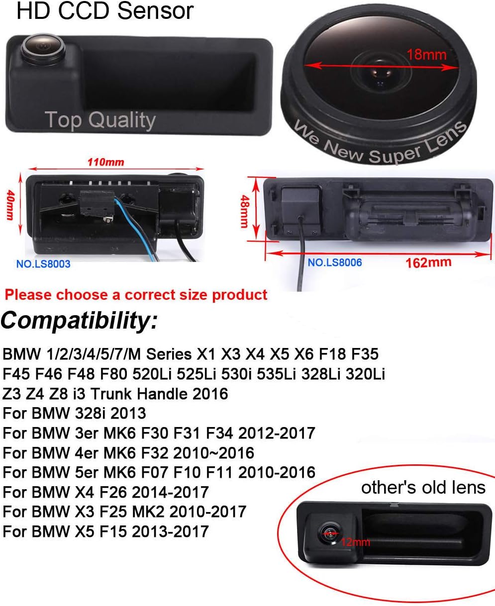 HD IP68 1280Pixels Trunk Handle 170° Rear View Reversing Camera Compatible with BMW 520Li 525Li 530i 535Li 328Li 320Li Z3 Z4 Z8 i3/328i/F30 316i/F15/E60 E61 E70 E71 E72 E82 E88 E84 E90 E91 E92 E93
