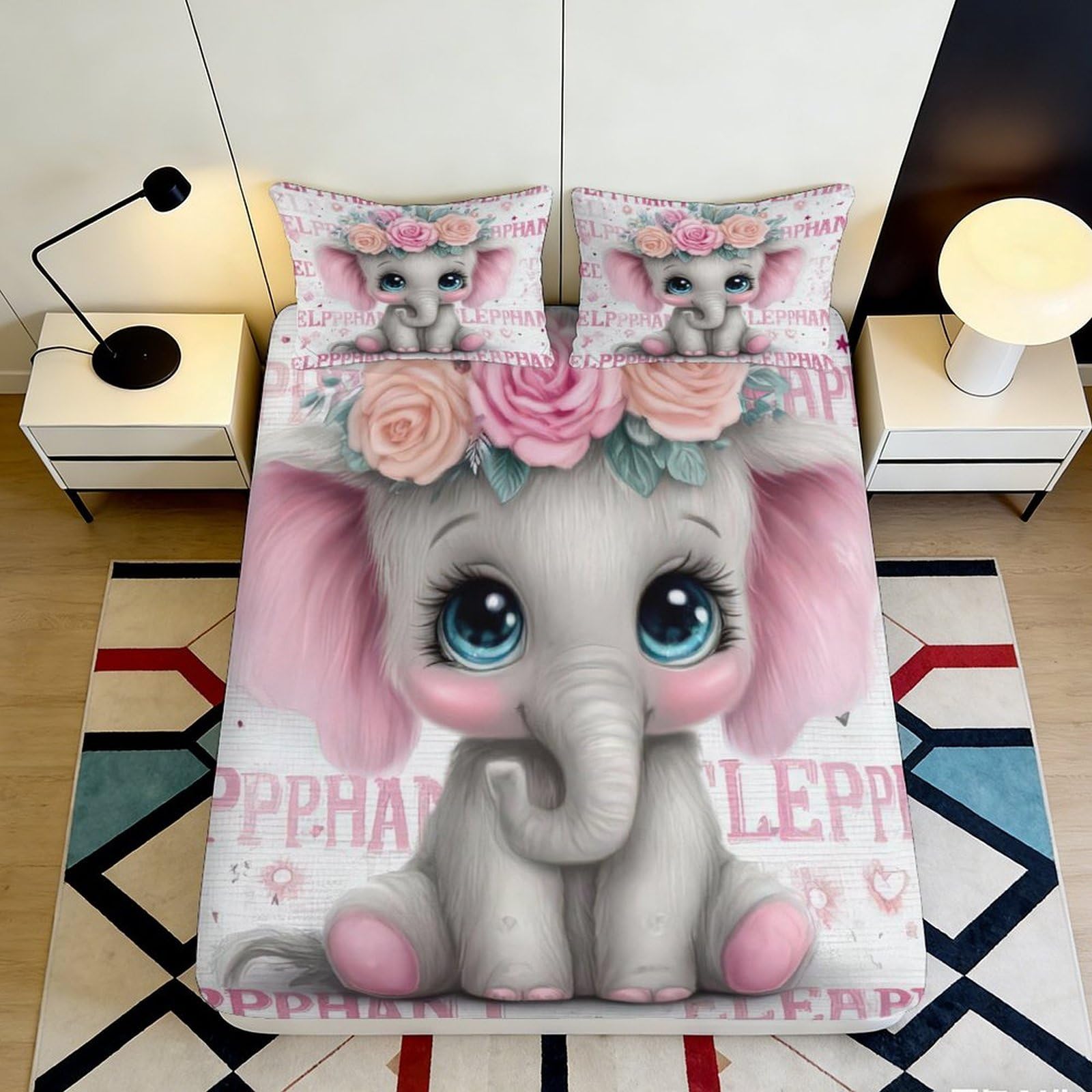 3D Printed Cute Elephant Fitted Sheet Microfiber Soft Pink Floral Cartoon Bed Cover for Bedroom Dorm Guest Room Decor 90x200x25cm