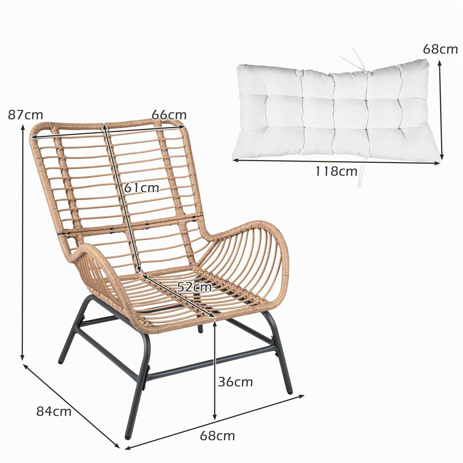 SOARS Fauteuil Salon en Rotin PE, Chaise de Jardin Bohème avec Coussin Rembourré, Dossier Incliné, Accoudoirs Courbes&Cadre Métal, Chauffeuse 1 Place Extérieur Terrasse&Balcon, Charge 150KG (Blanc)