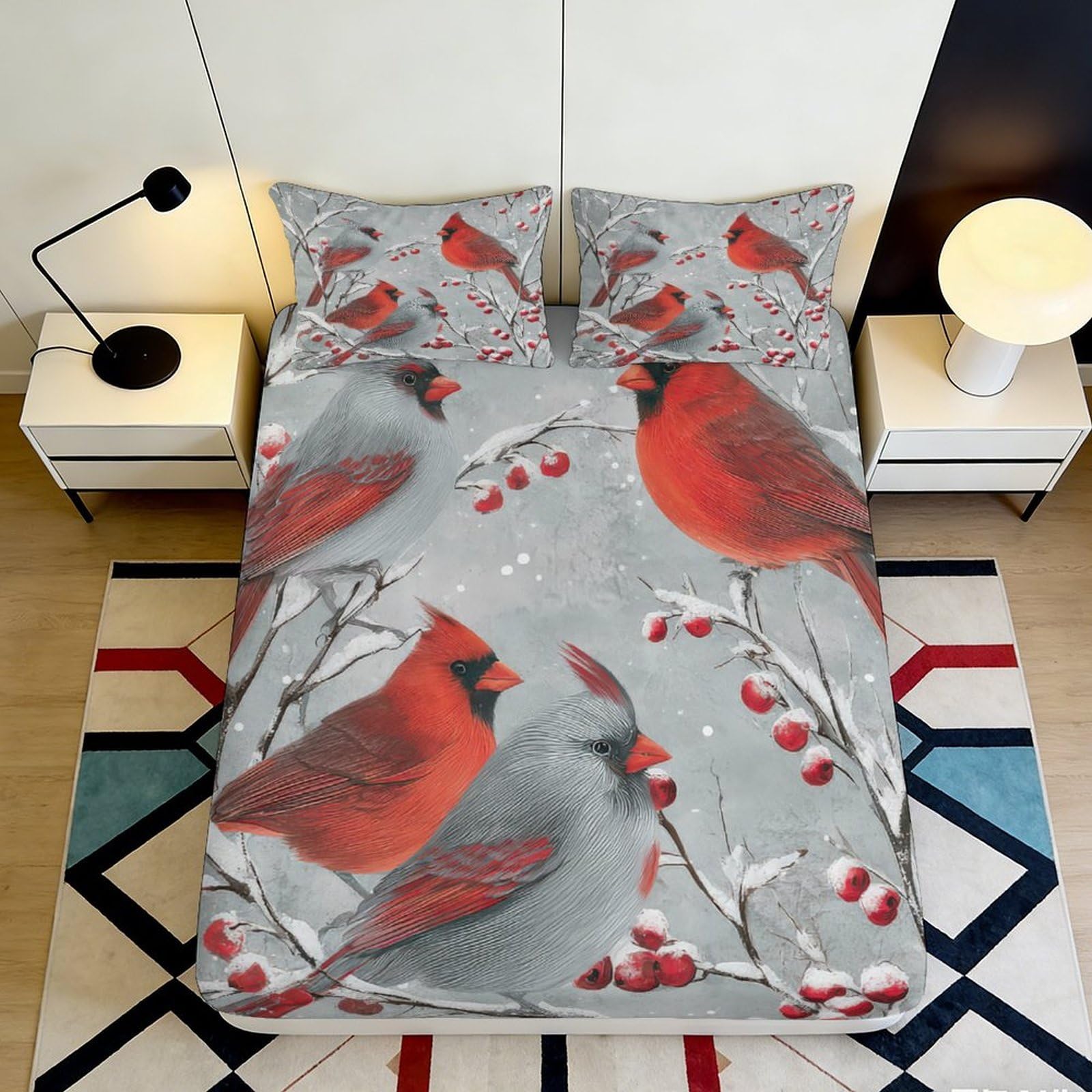 3D Printed Red Cardinal Bird Fitted Sheet Microfiber Soft Grey Berry Branch Mattress Cover for Bedroom Decor Home 90x200x25cm